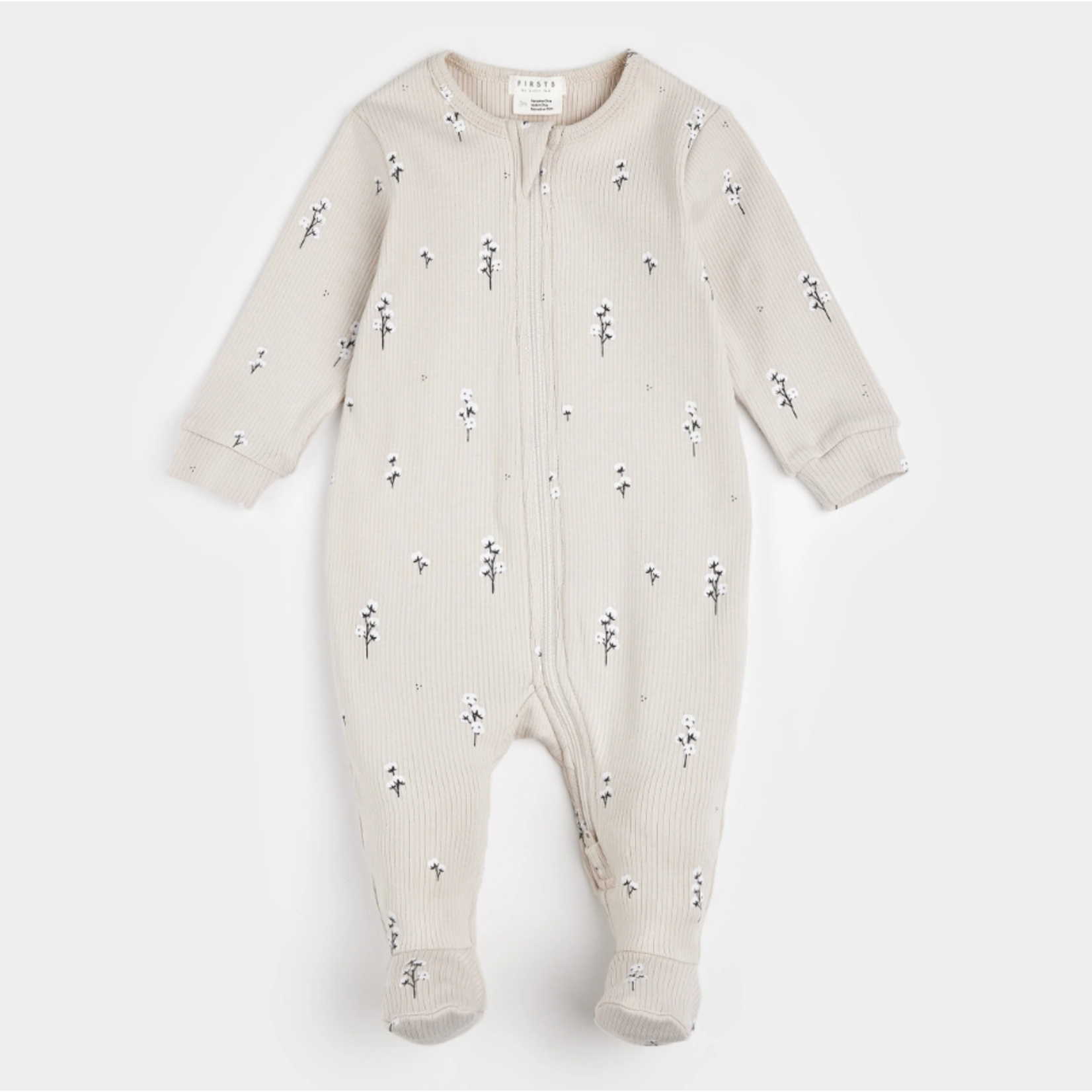 Petit Lem PETIT LEM - Beige Ribbed Baby Sleeper with Cotton Flower Print