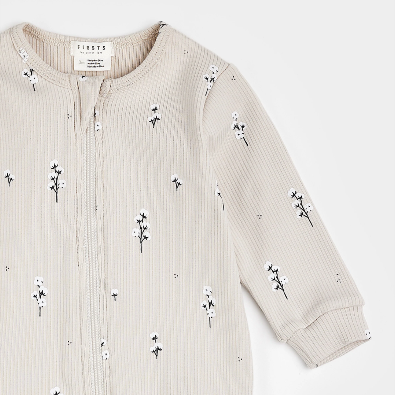 Petit Lem PETIT LEM - Beige Ribbed Baby Sleeper with Cotton Flower Print