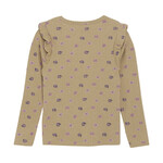 Minymo MINYMO - Caramel ribbed longsleeve t-shirt with purple flower print and ruffled shoulders