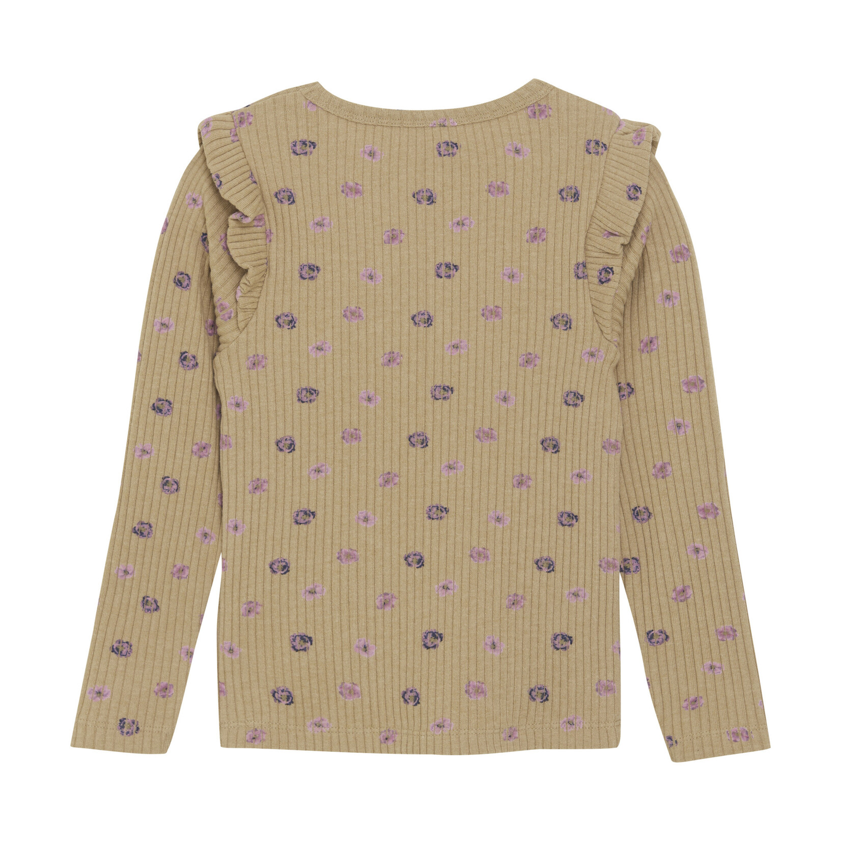 Minymo MINYMO - T-shirt à manches longues caramel côtelé avec imprimé de fleurs mauves et volants aux épaules