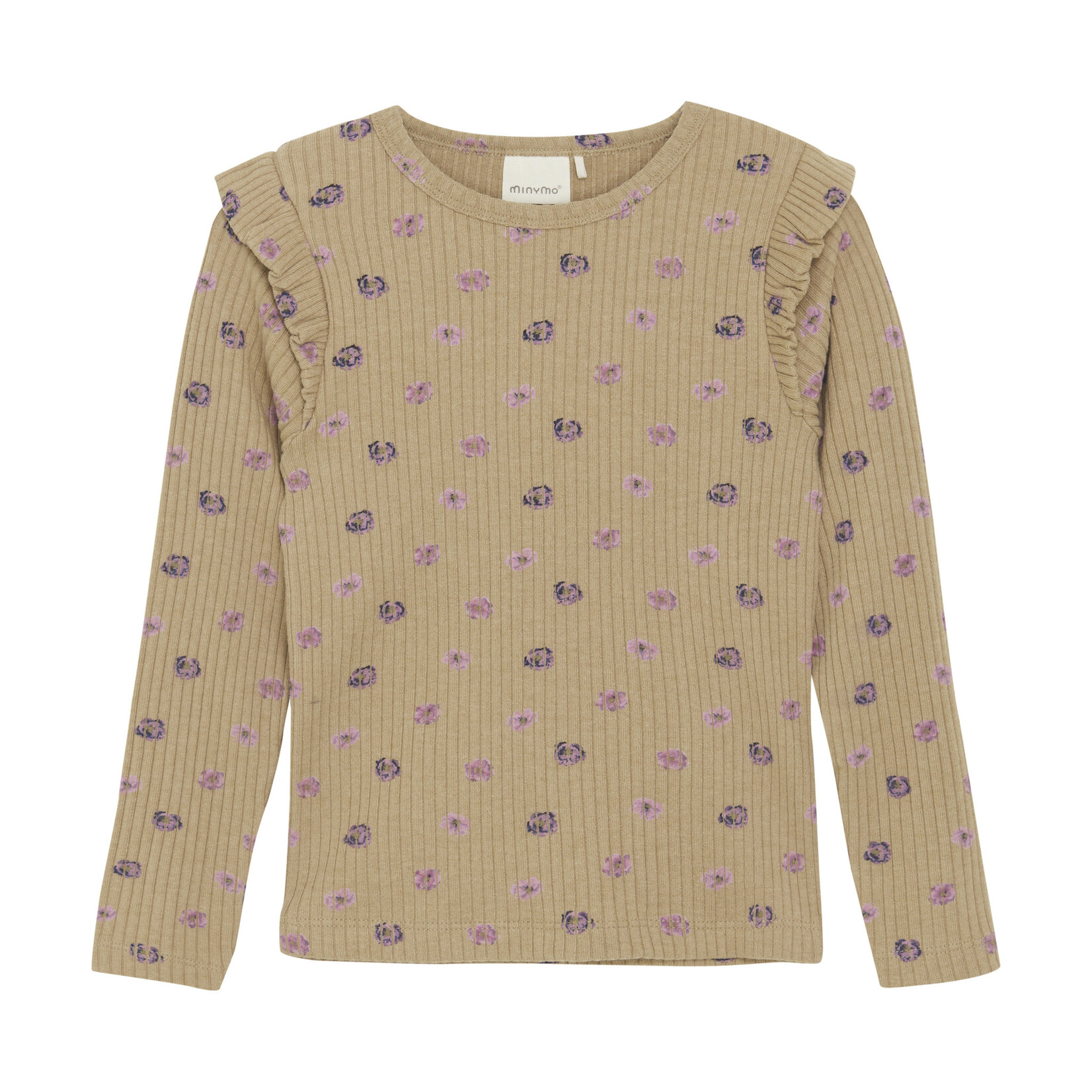 Minymo MINYMO - T-shirt à manches longues caramel côtelé avec imprimé de fleurs mauves et volants aux épaules
