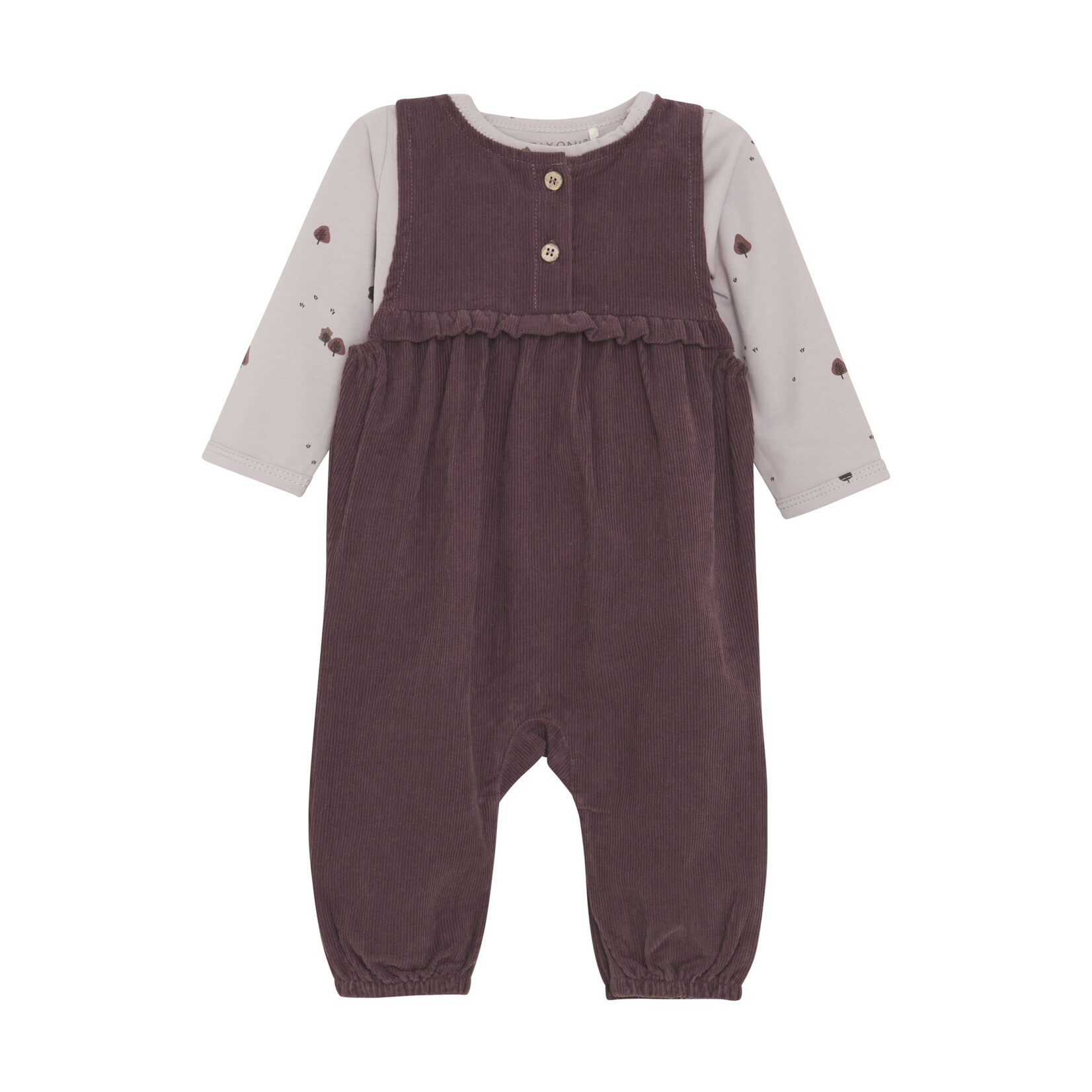 Fixoni FIXONI - Ensemble deux pièces cache-couche mauve clair avec imprimé d'arbres et salopette en velours côtelé mauve foncé