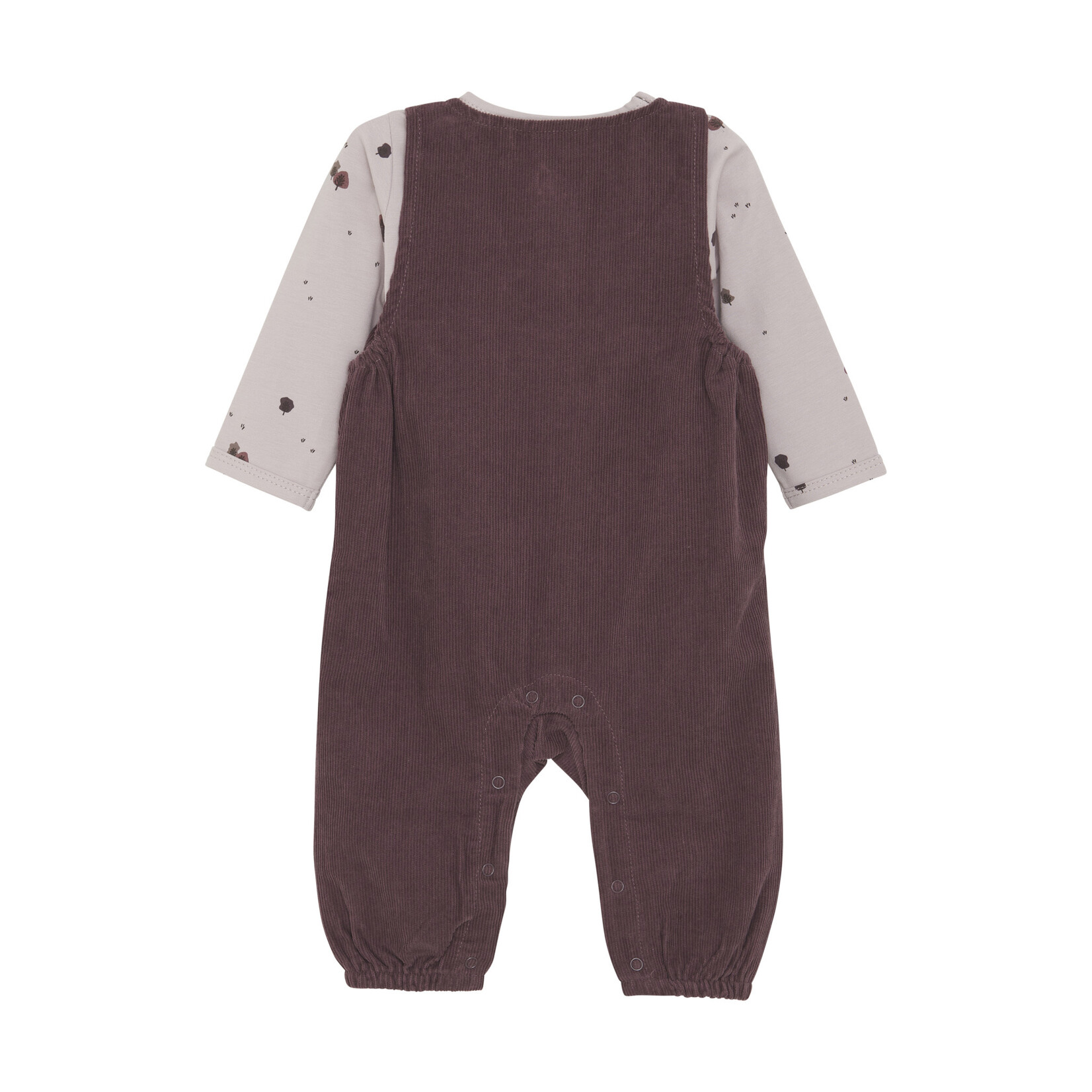 Fixoni FIXONI - Ensemble deux pièces cache-couche mauve clair avec imprimé d'arbres et salopette en velours côtelé mauve foncé