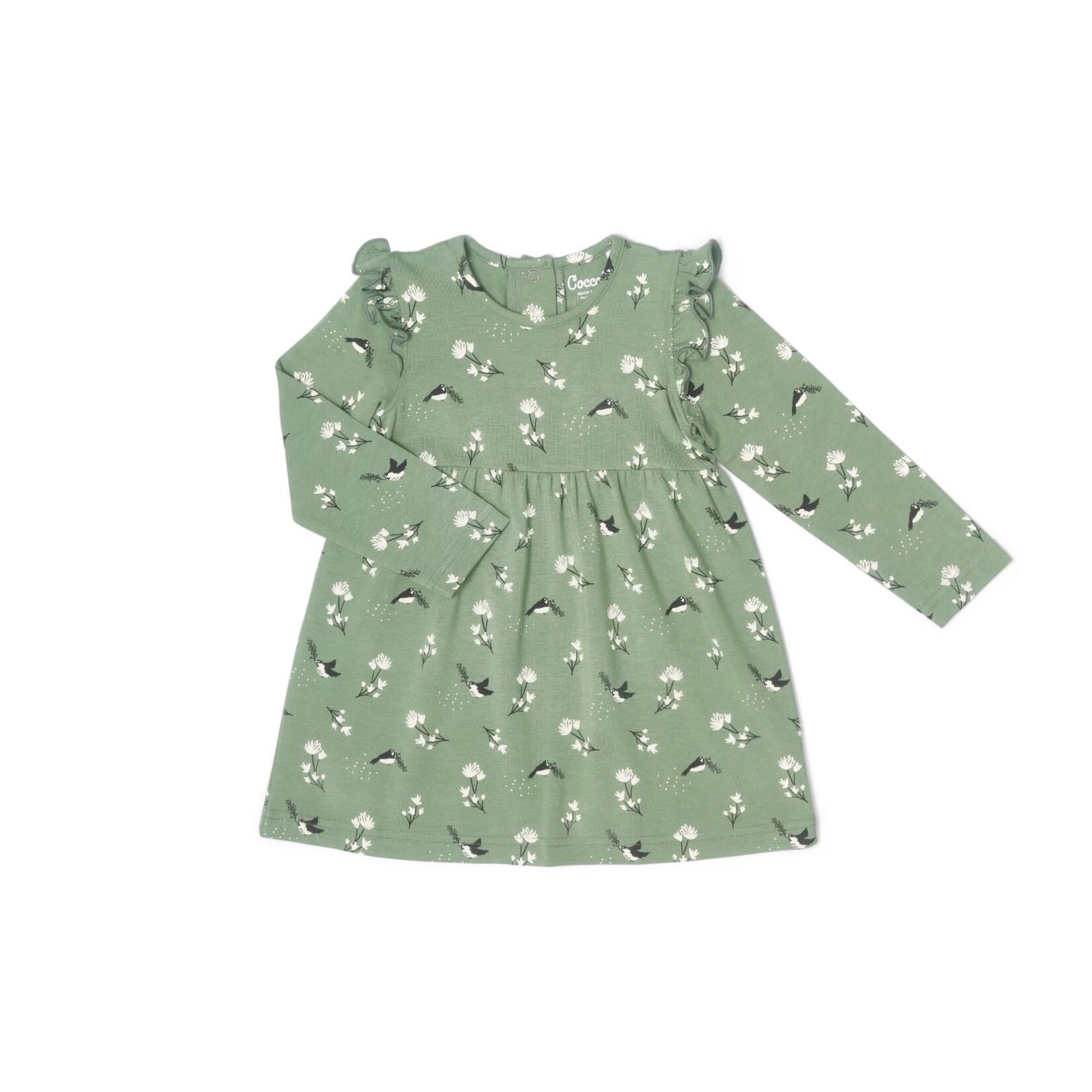Coccoli COCCOLI - Green long sleeve modal dress with chickadee and flower pattern