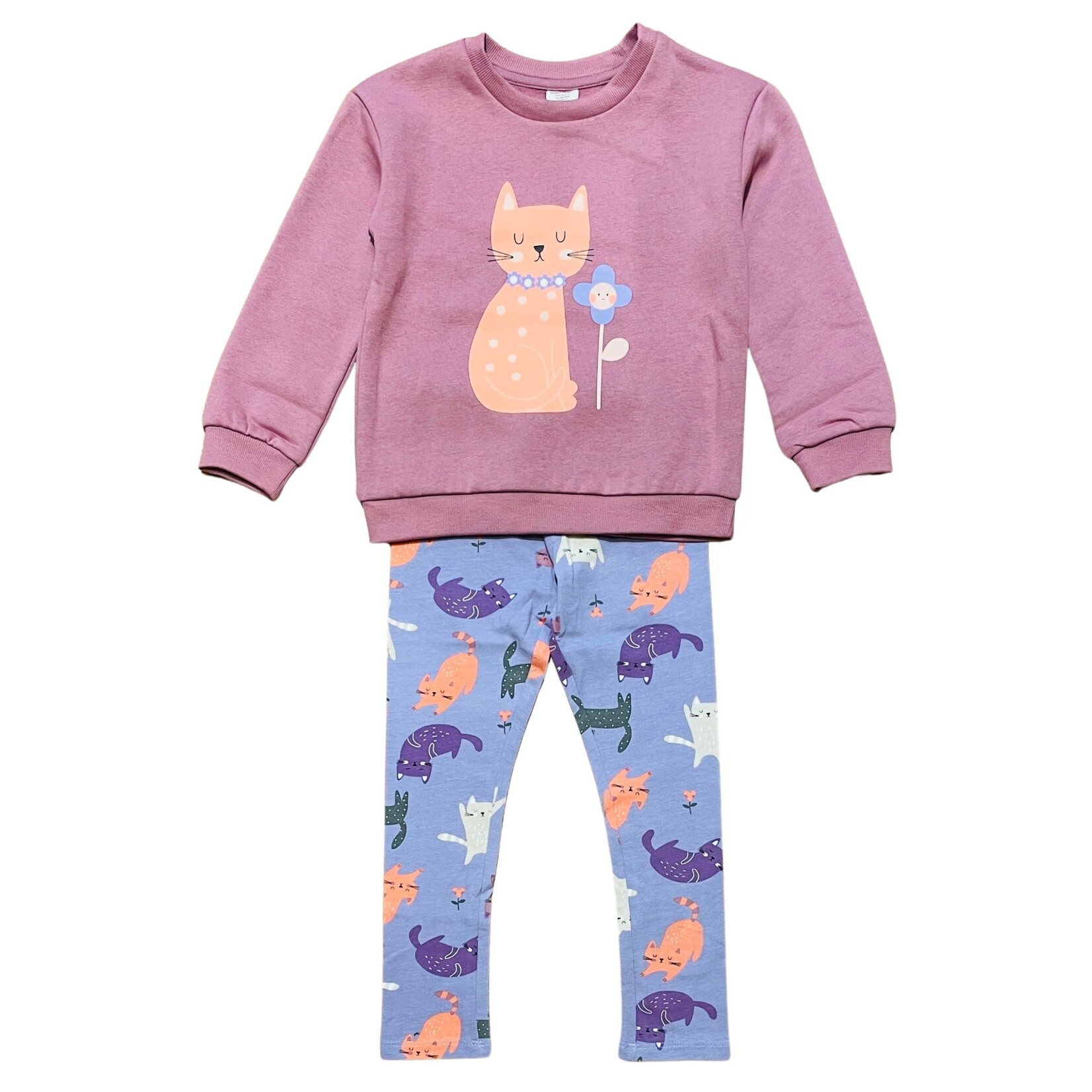 Mandarine & Co. MANDARINE & CO. - Ensemble chandail coton ouaté rose et legging mauve imprimés de chats