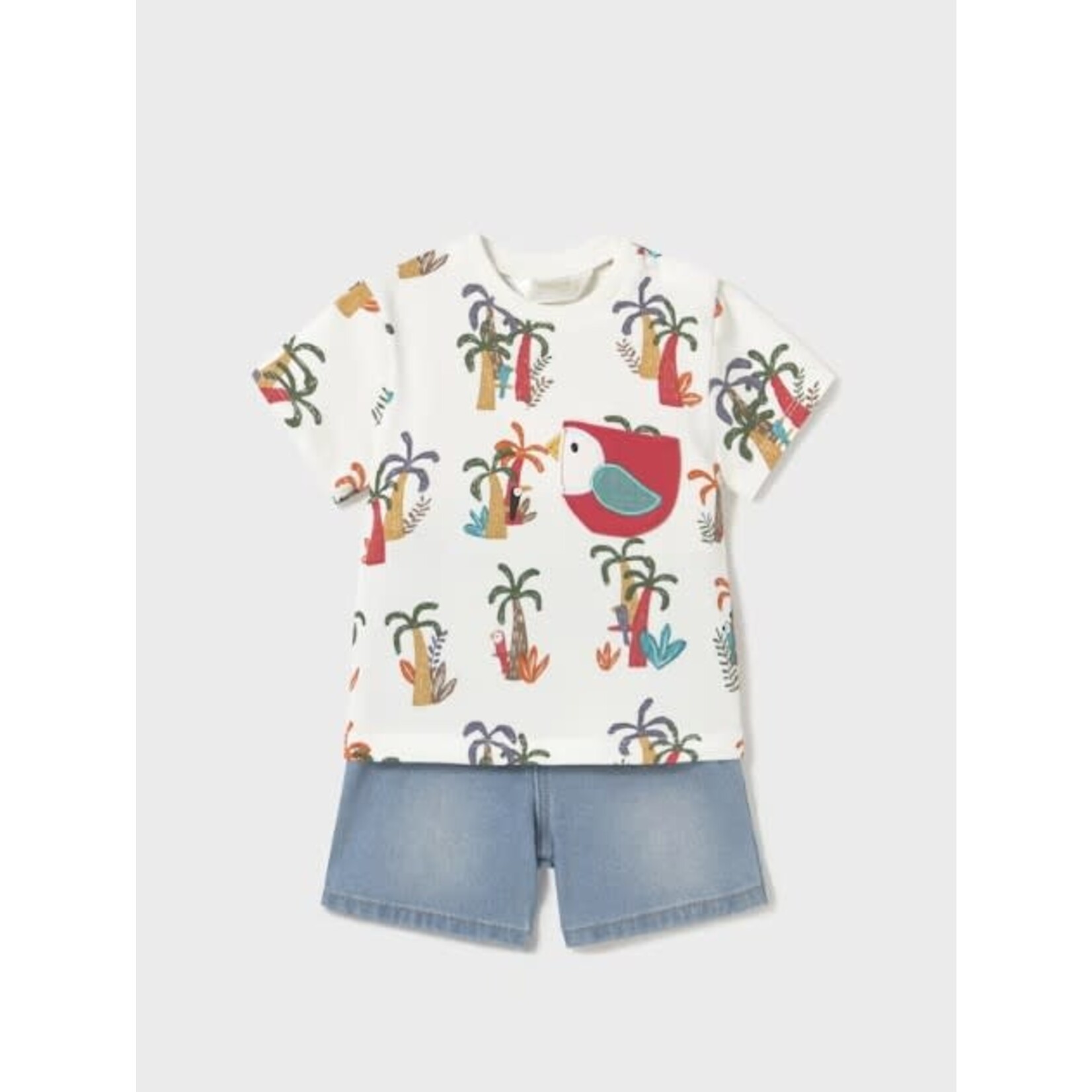 Mayoral MAYORAL - Two-piece summer set with a short and a tropical print tshirt with a toucan appliqué pocket