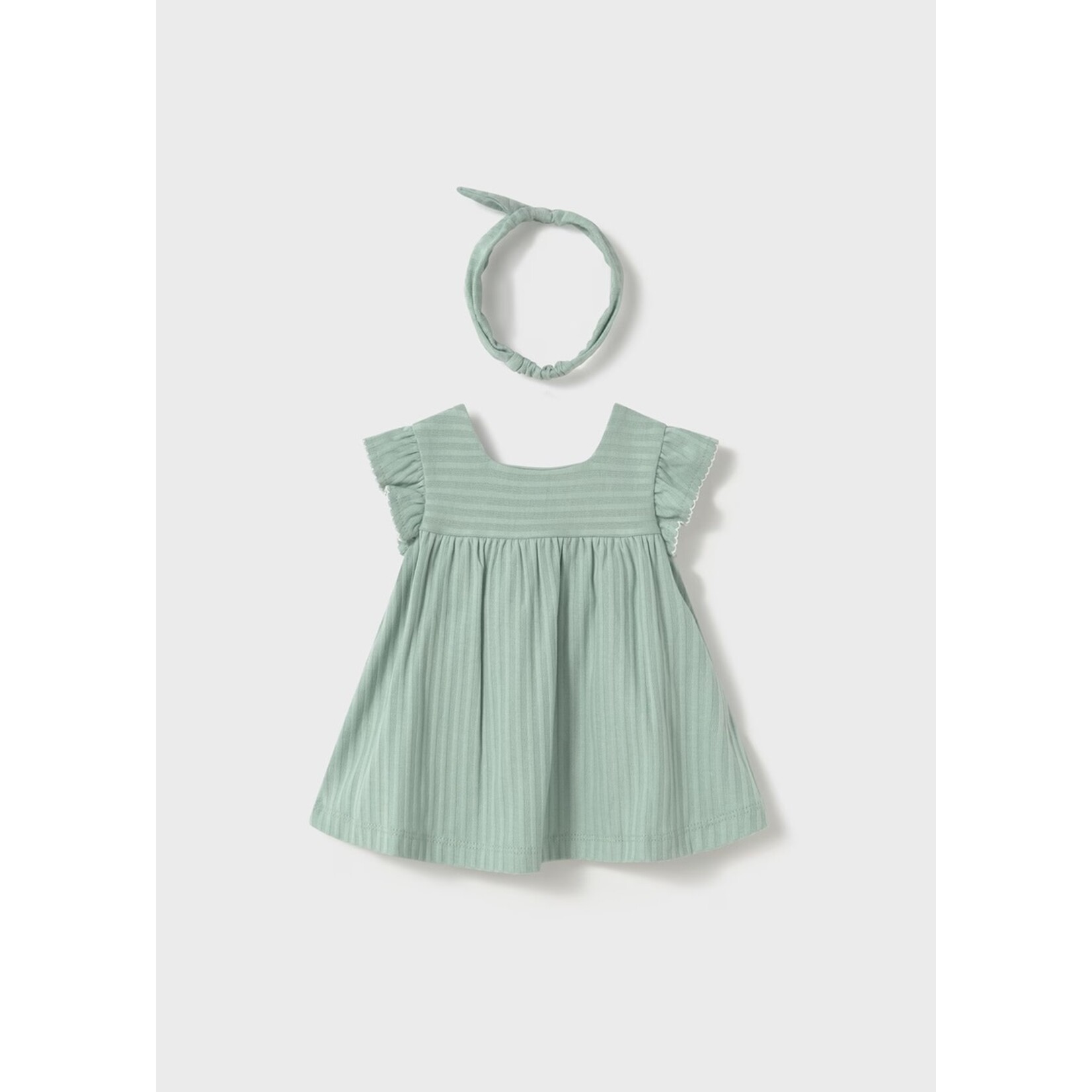 Mayoral MAYORAL - Jade Colored ribbed Newborn Button Dress with Headband