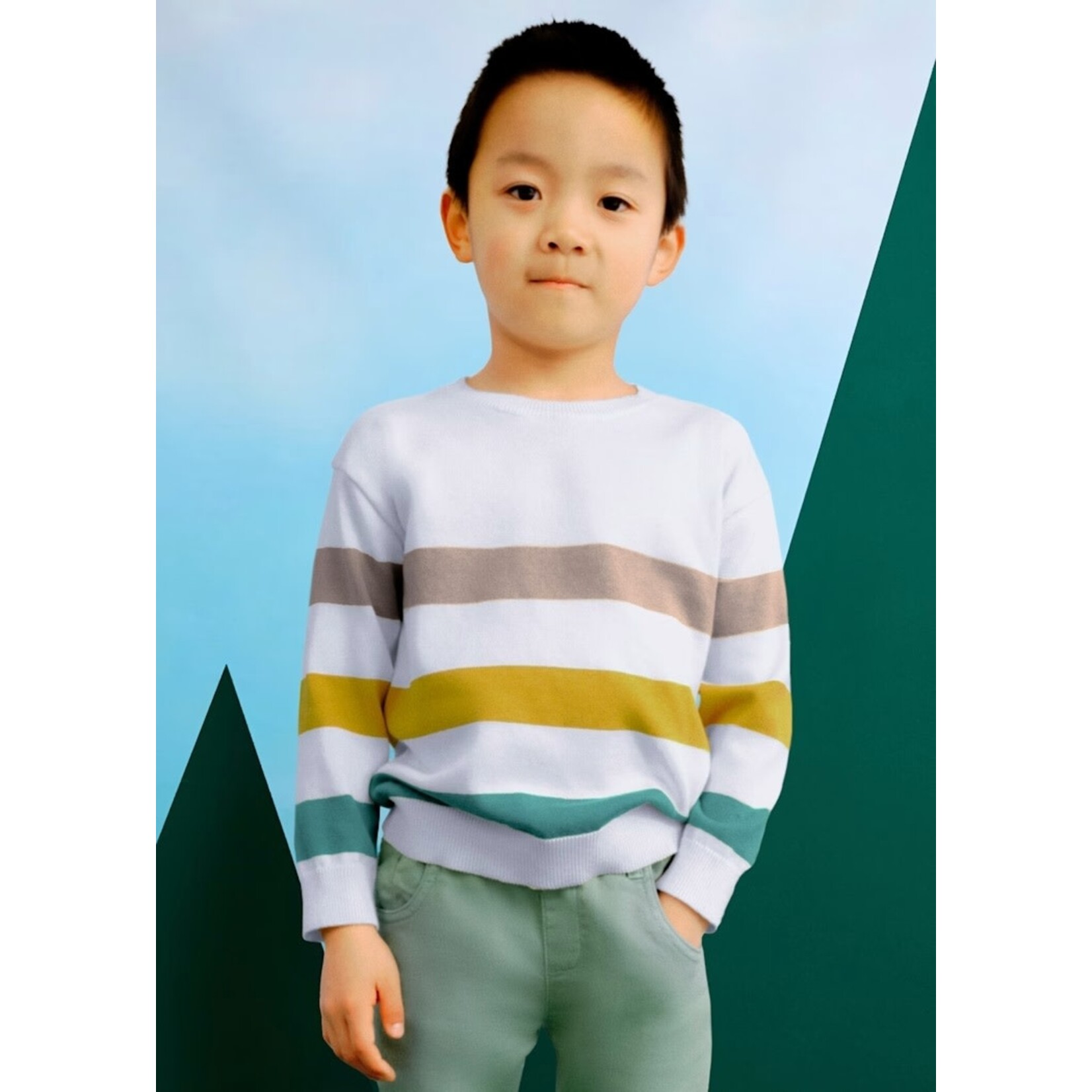 Mayoral MAYORAL - Knit sweater with taupe, mustard and sage green stripes