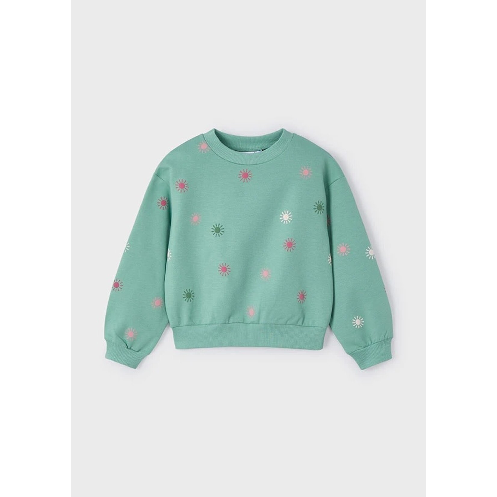 Mayoral MAYORAL - Mint-Colored Long-Sleeved Sweatshirt with Flower Appliqués