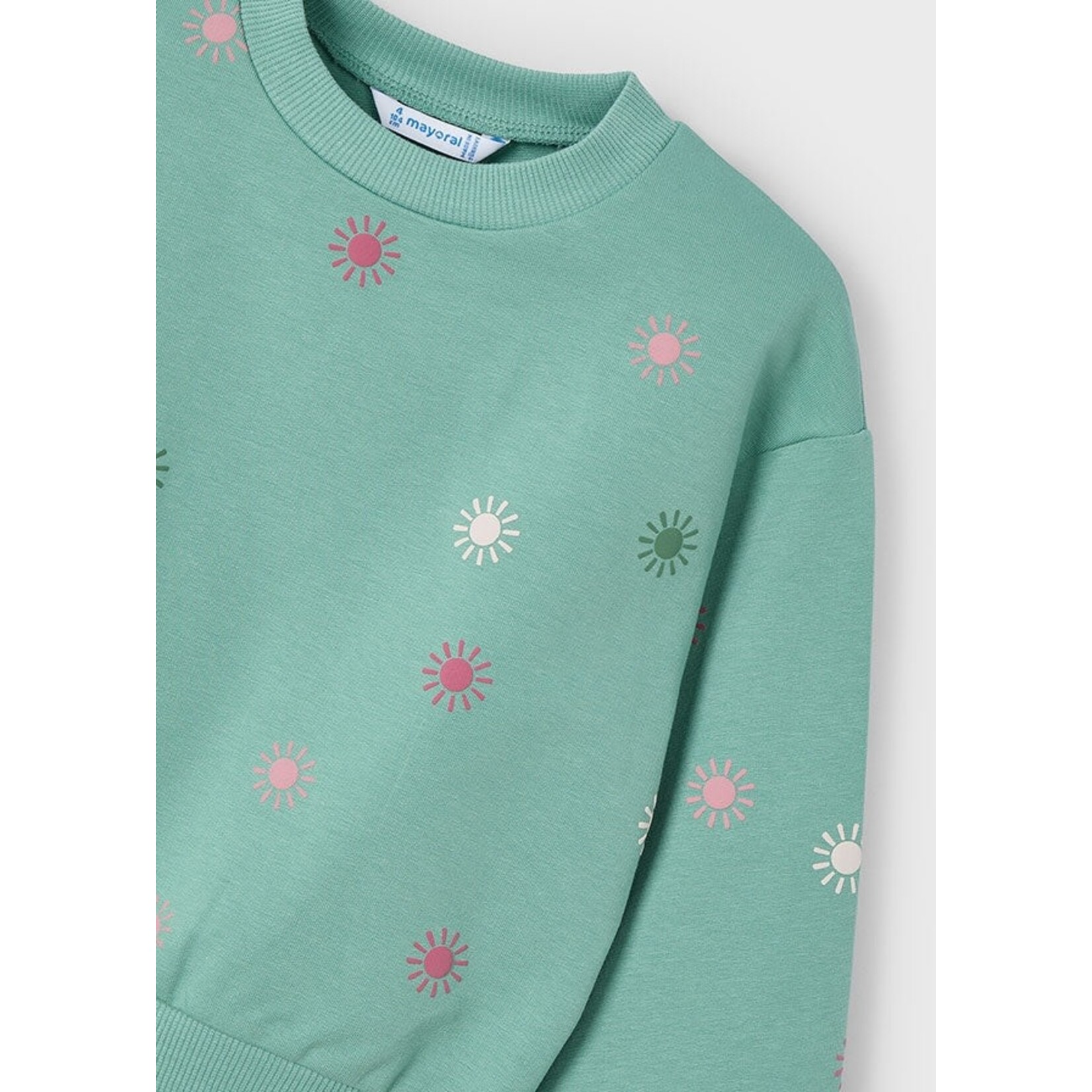 Mayoral MAYORAL - Mint-Colored Long-Sleeved Sweatshirt with Flower Appliqués