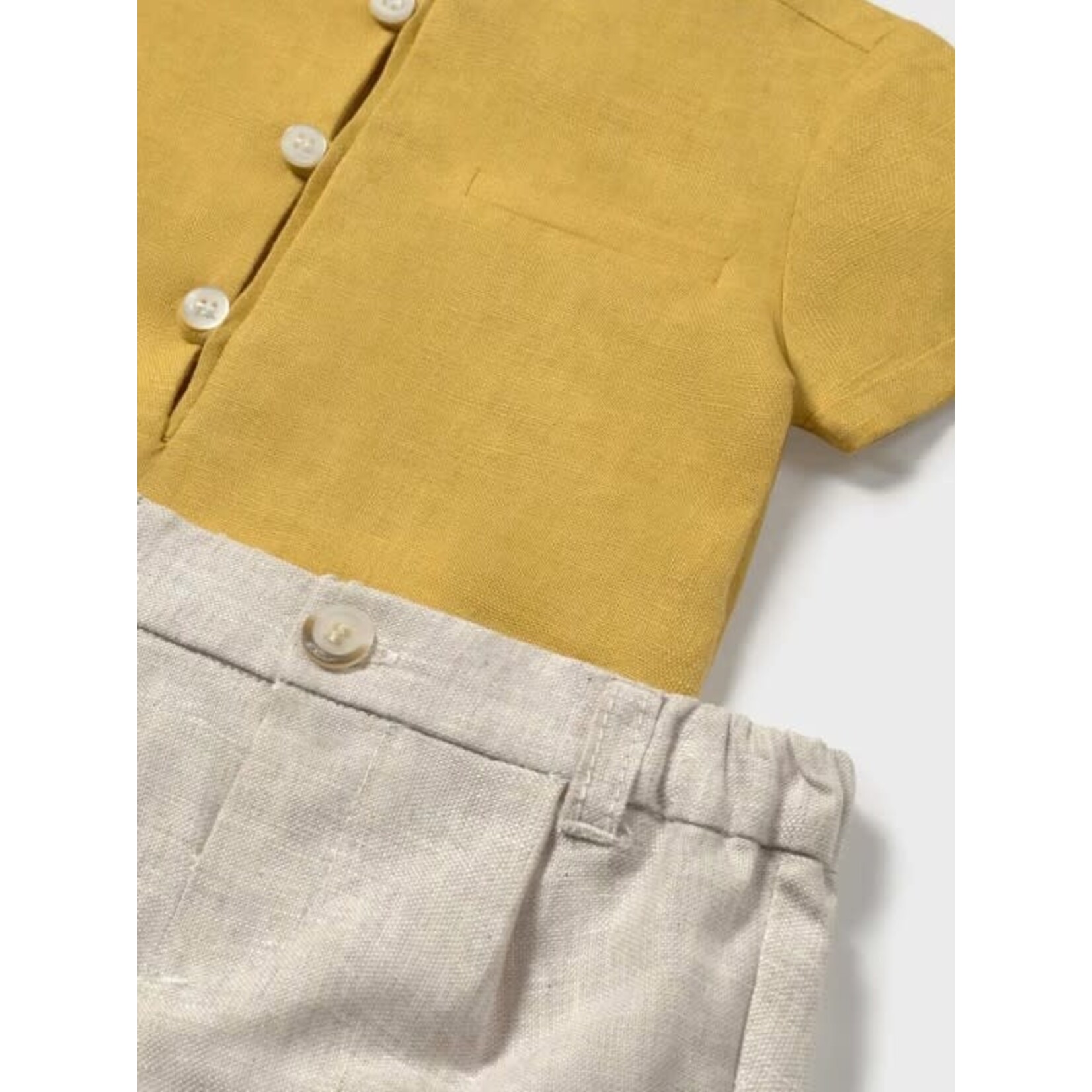 Mayoral MAYORAL - Two-piece linen summer set with a sunflower-colour shirt (3 buttons) and a sand-coloured short