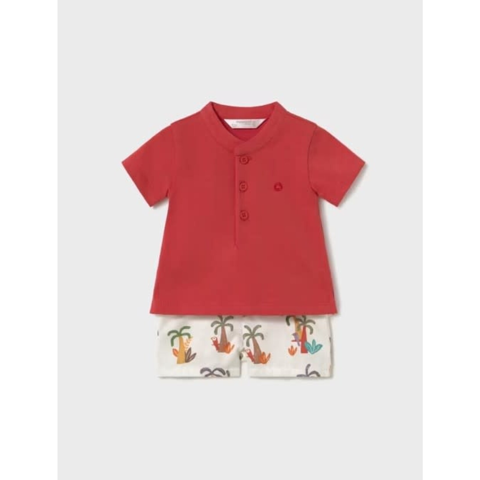 Mayoral MAYORAL - Two-piece summer set with a tropical print short and 3-button red  tshirt