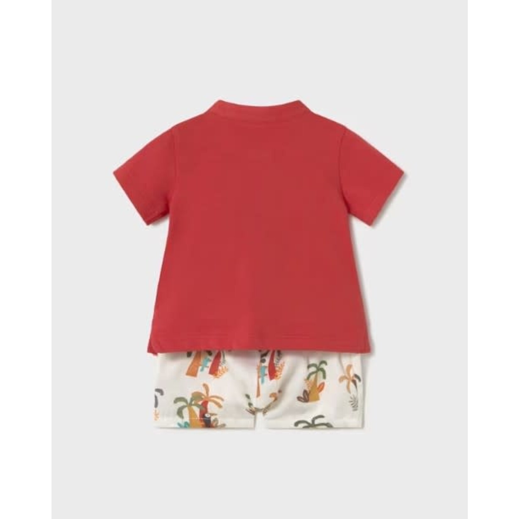 Mayoral MAYORAL - Two-piece summer set with a tropical print short and 3-button red  tshirt