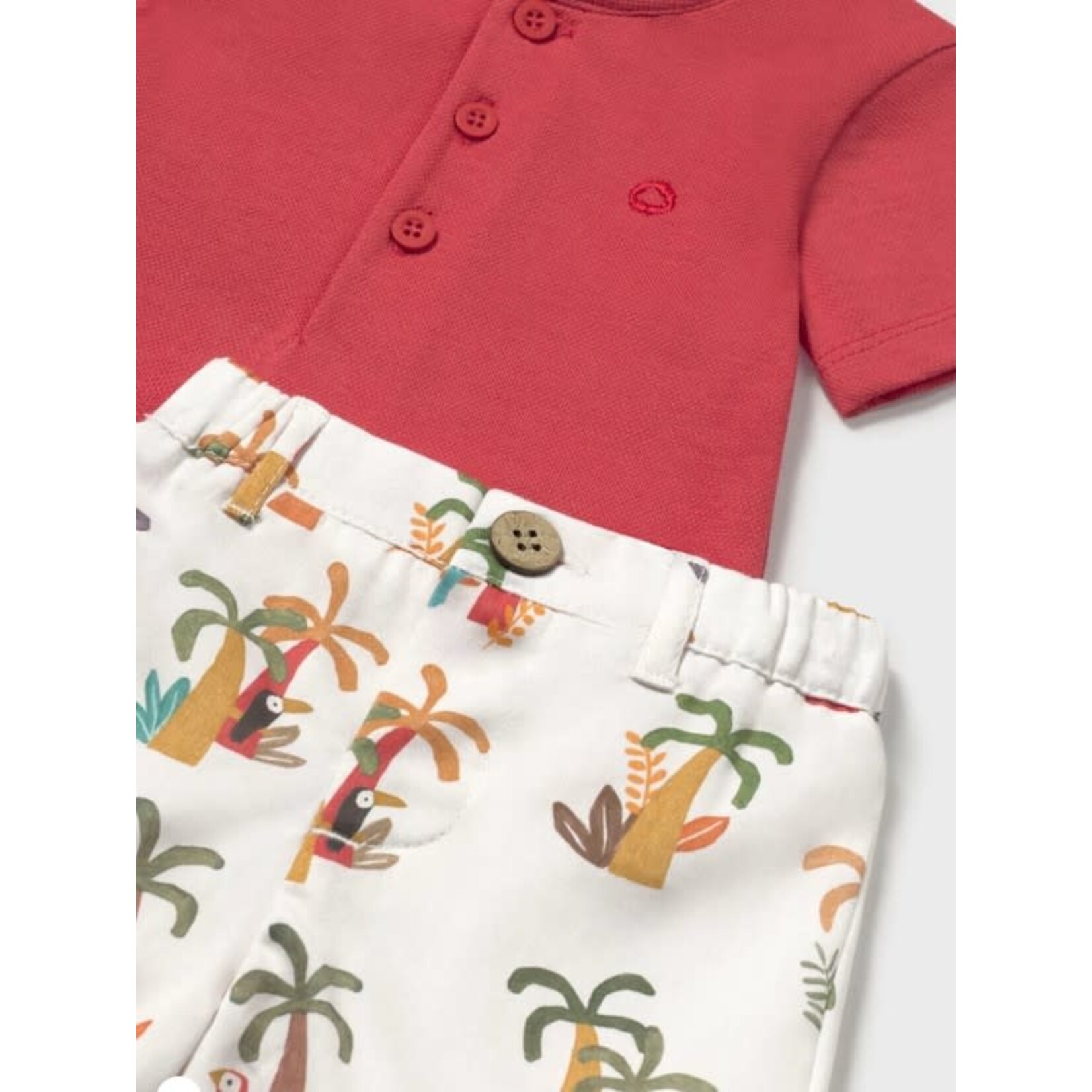 Mayoral MAYORAL - Two-piece summer set with a tropical print short and 3-button red  tshirt