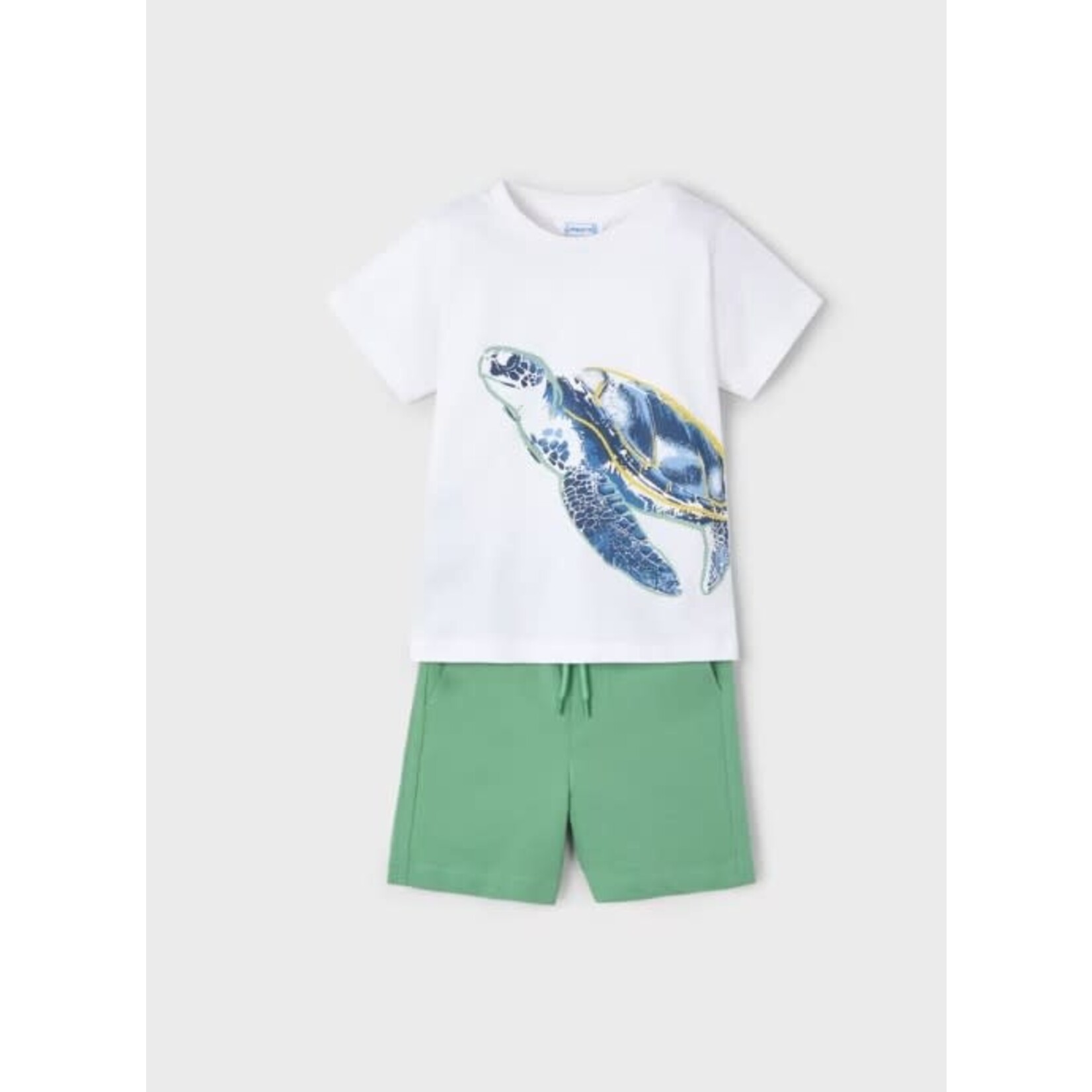 Mayoral MAYORAL - Ensemble deux pièce - Chandail blanc imprimé tortue et short en jersey vert sauge