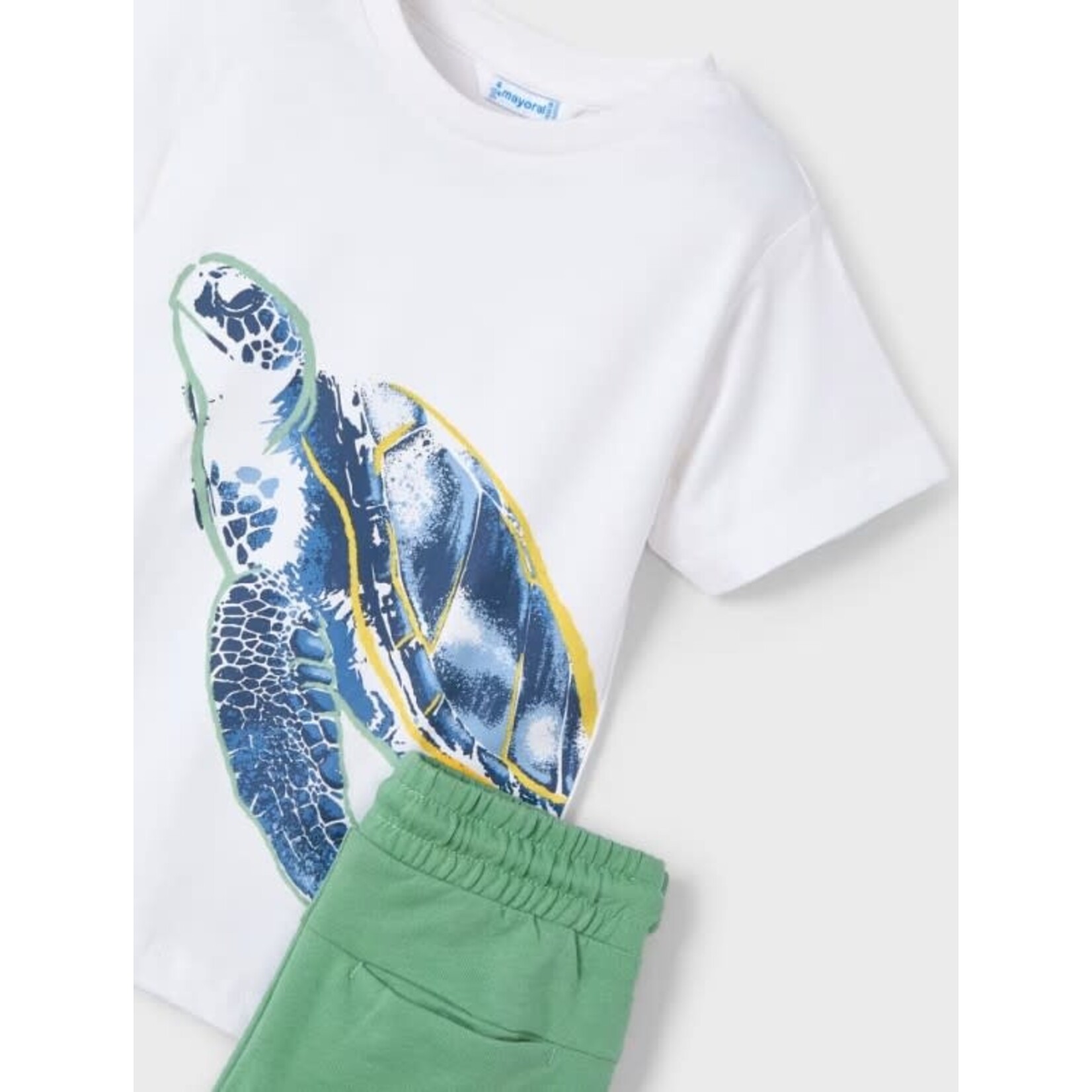 Mayoral MAYORAL - Ensemble deux pièce - Chandail blanc imprimé tortue et short en jersey vert sauge