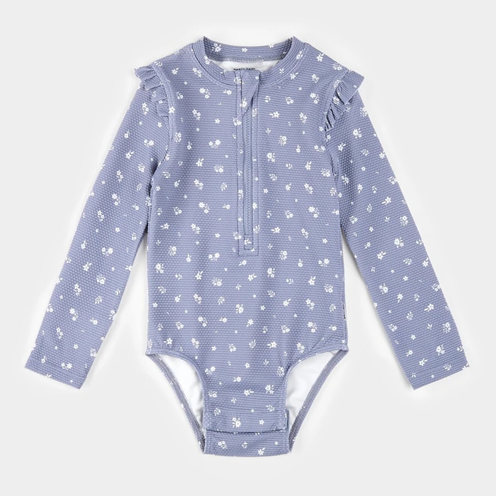 Petit Lem PETIT LEM - Wildflower Print on Steel Blue Long-Sleeve One-Piece Swimsuit