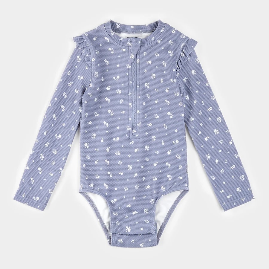 Petit Lem Daisy Print On Lavender Long-Sleeve Swimsuit