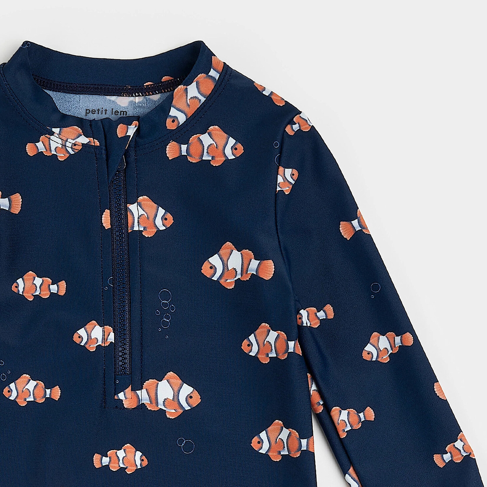 Petit Lem PETIT LEM - Clownfish Print on Navy Long-Sleeve Swim Romper