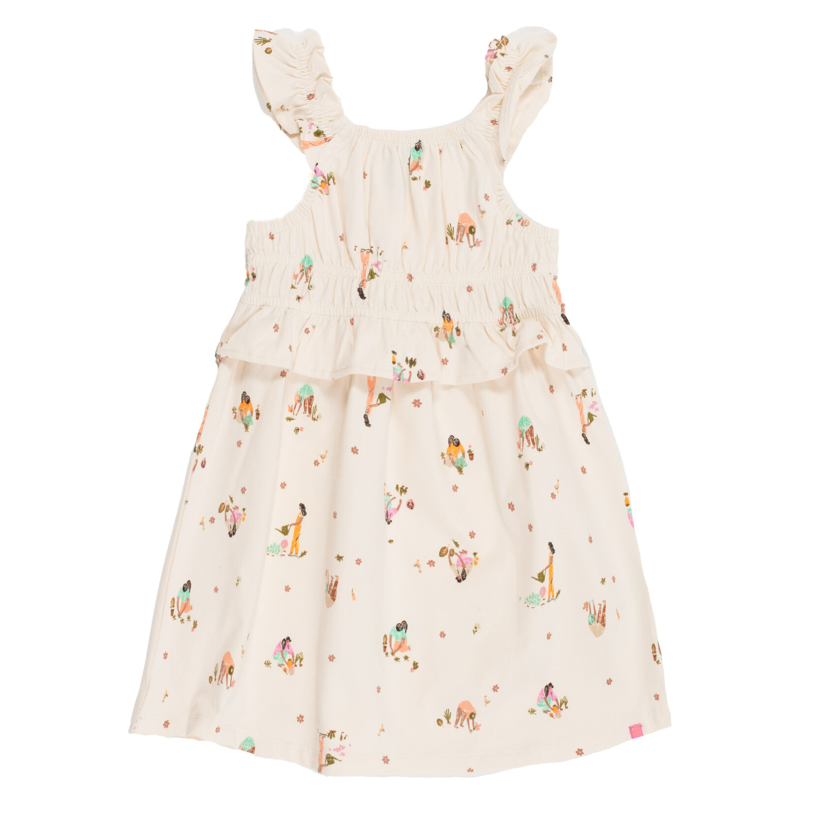 Nanö NANÖ - Ivory dress with ruffle straps and a small gardener print 'Petit Pouce Vert'