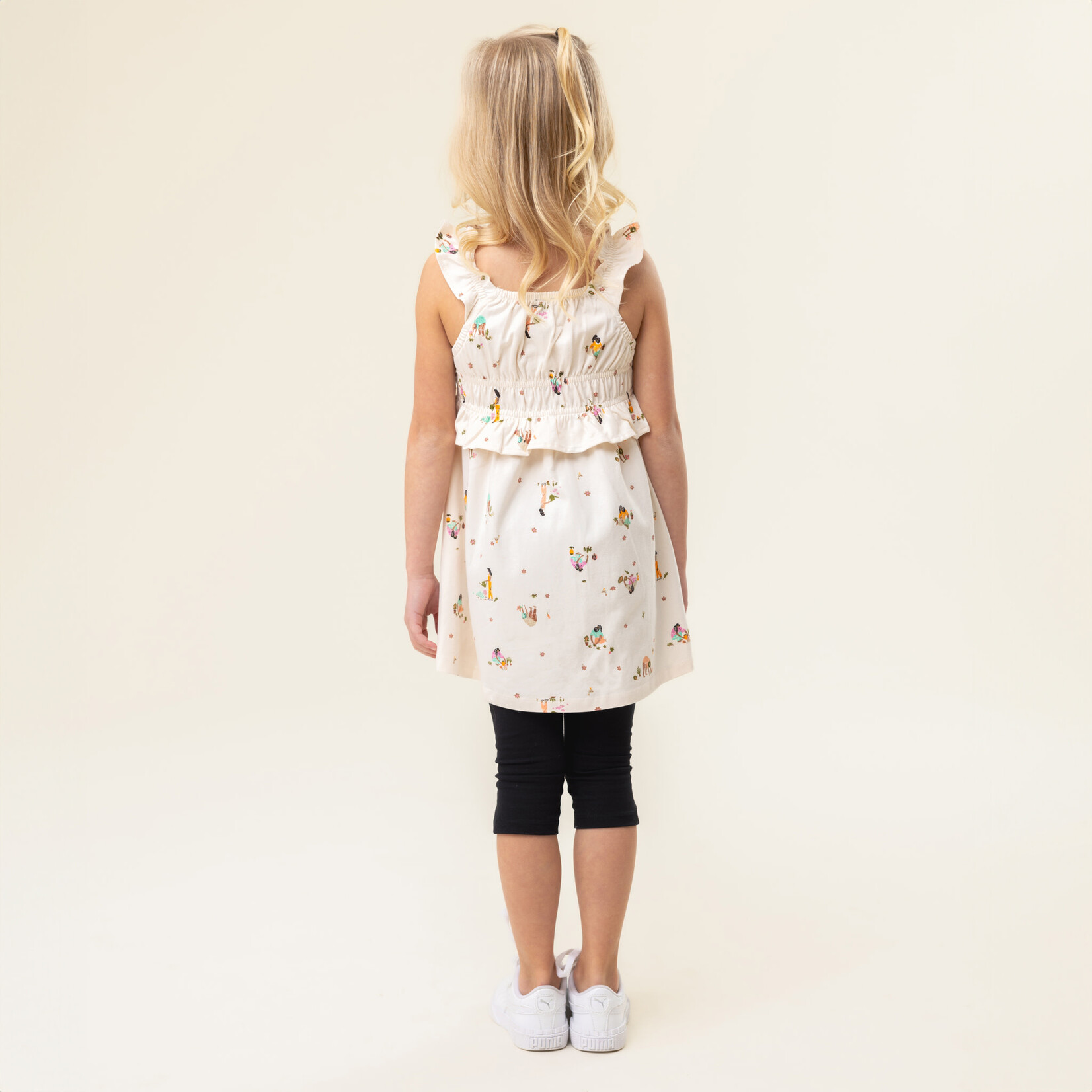 Nanö NANÖ - Ivory dress with ruffle straps and a small gardener print 'Petit Pouce Vert'