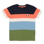 Nanö NANÖ -Navy, orange, white, light blue and dark green striped t-shirt with sunset print 'Destination plein air'