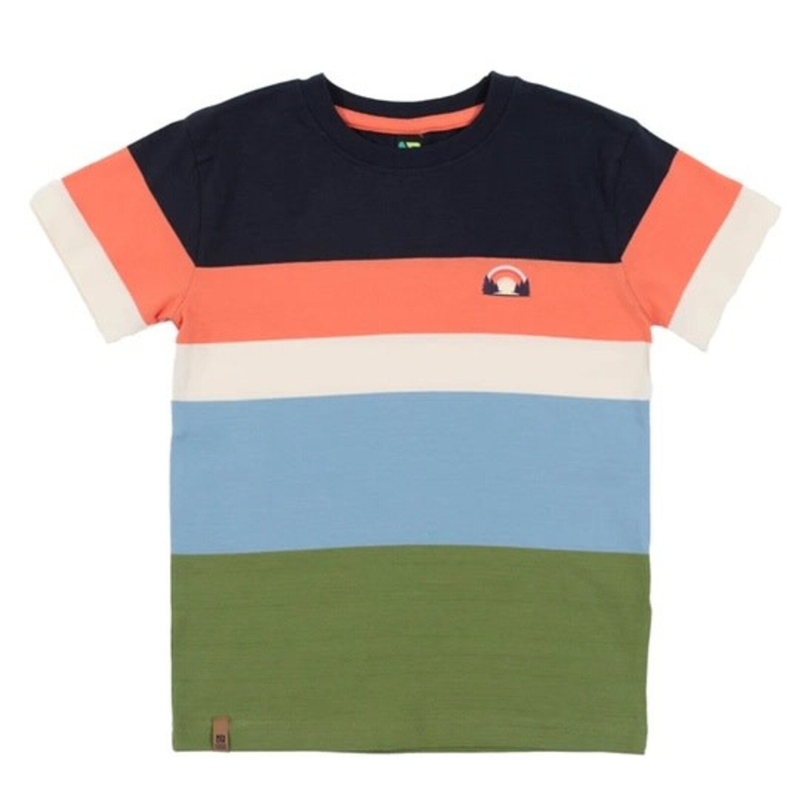 Nanö NANÖ -Navy, orange, white, light blue and dark green striped t-shirt with sunset print 'Destination plein air'