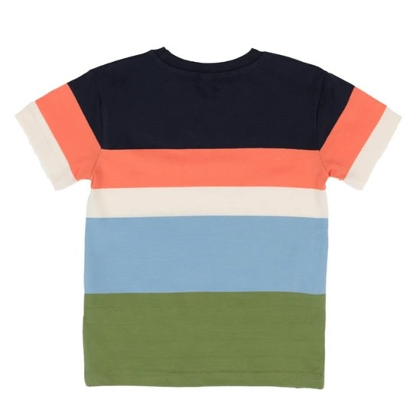Nanö NANÖ -Navy, orange, white, light blue and dark green striped t-shirt with sunset print 'Destination plein air'