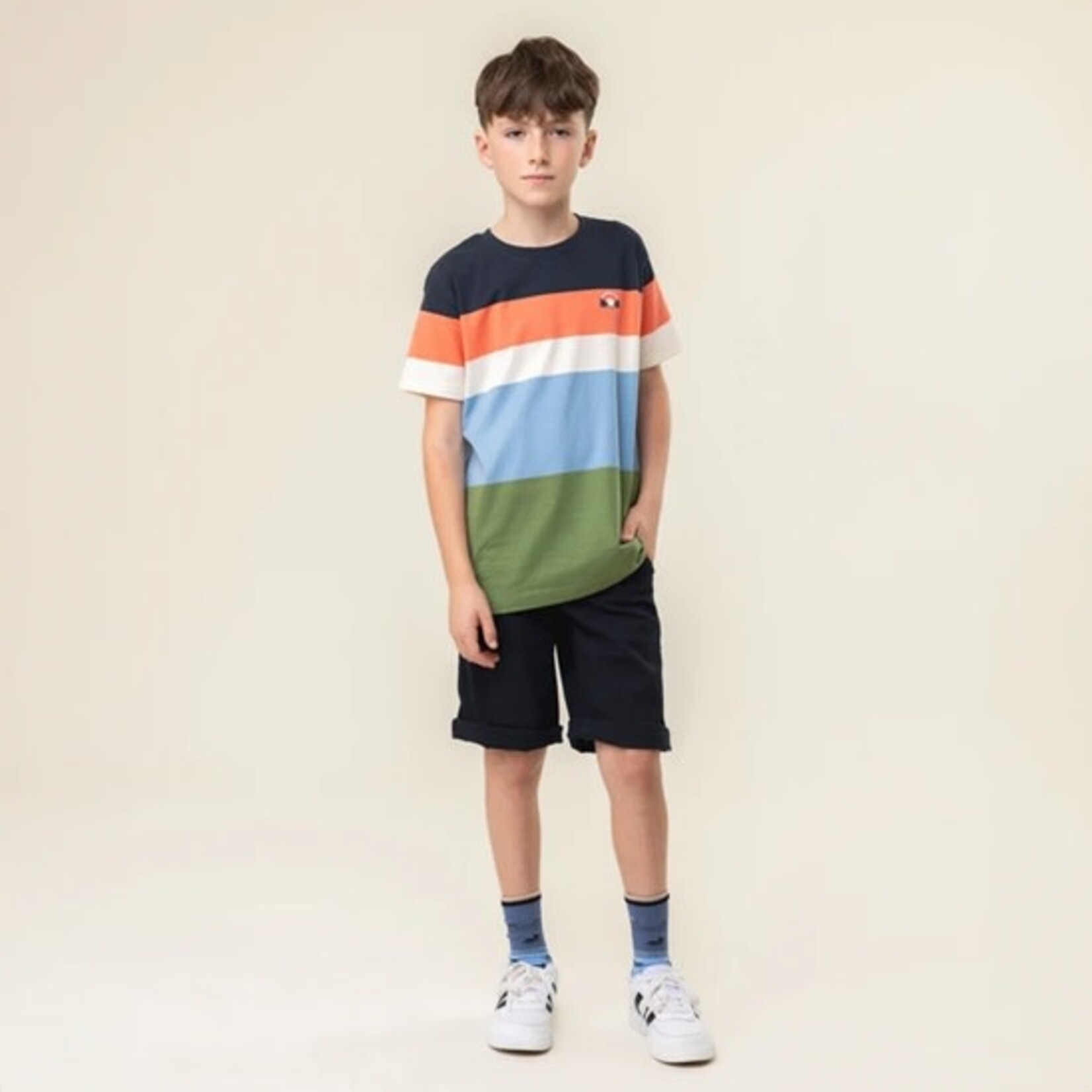 Nanö NANÖ -Navy, orange, white, light blue and dark green striped t-shirt with sunset print 'Destination plein air'