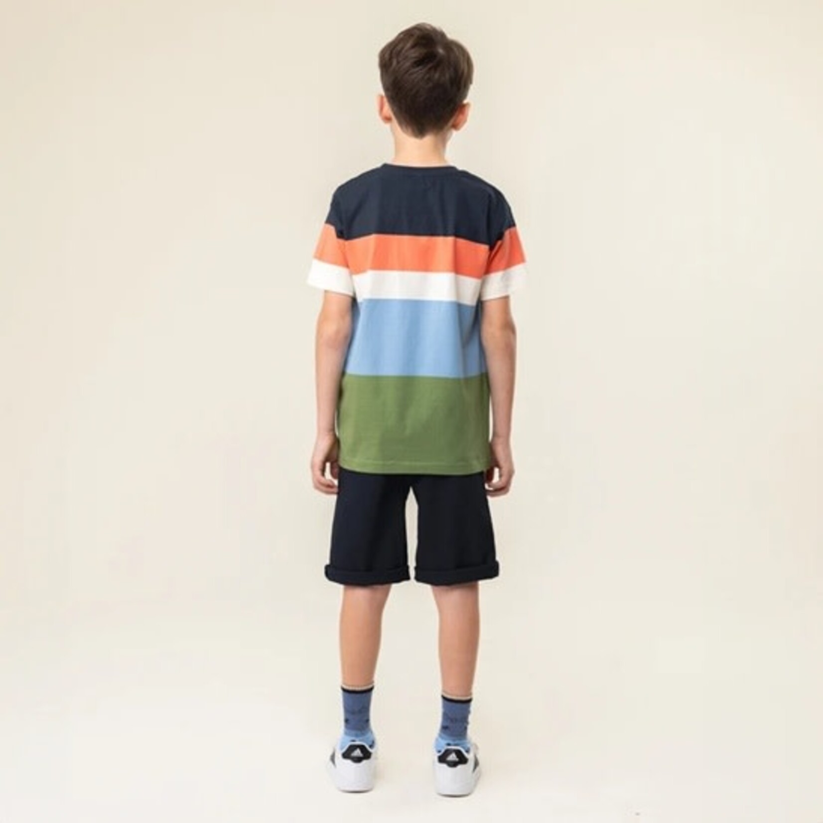 Nanö NANÖ -Navy, orange, white, light blue and dark green striped t-shirt with sunset print 'Destination plein air'