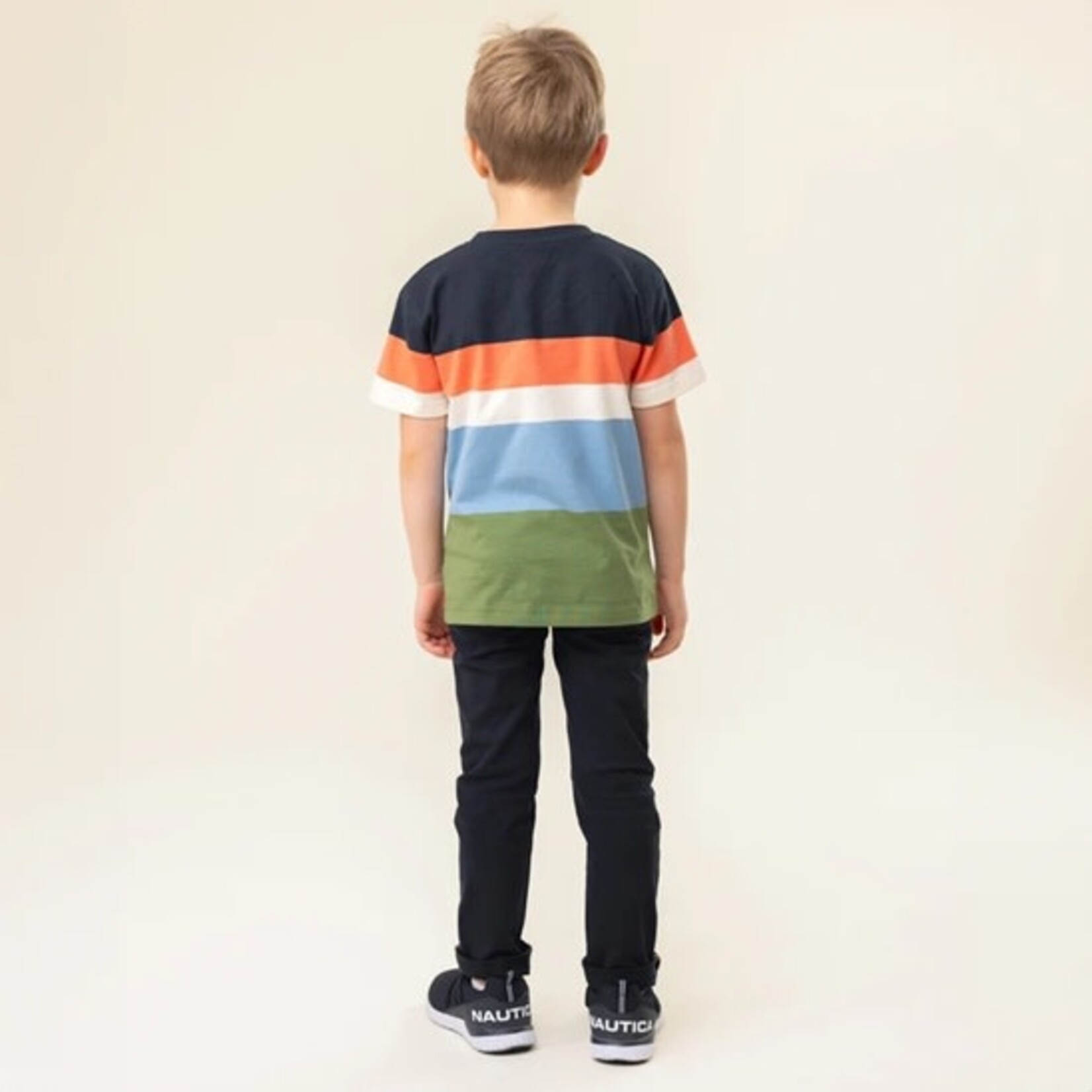 Nanö NANÖ -Navy, orange, white, light blue and dark green striped t-shirt with sunset print 'Destination plein air'