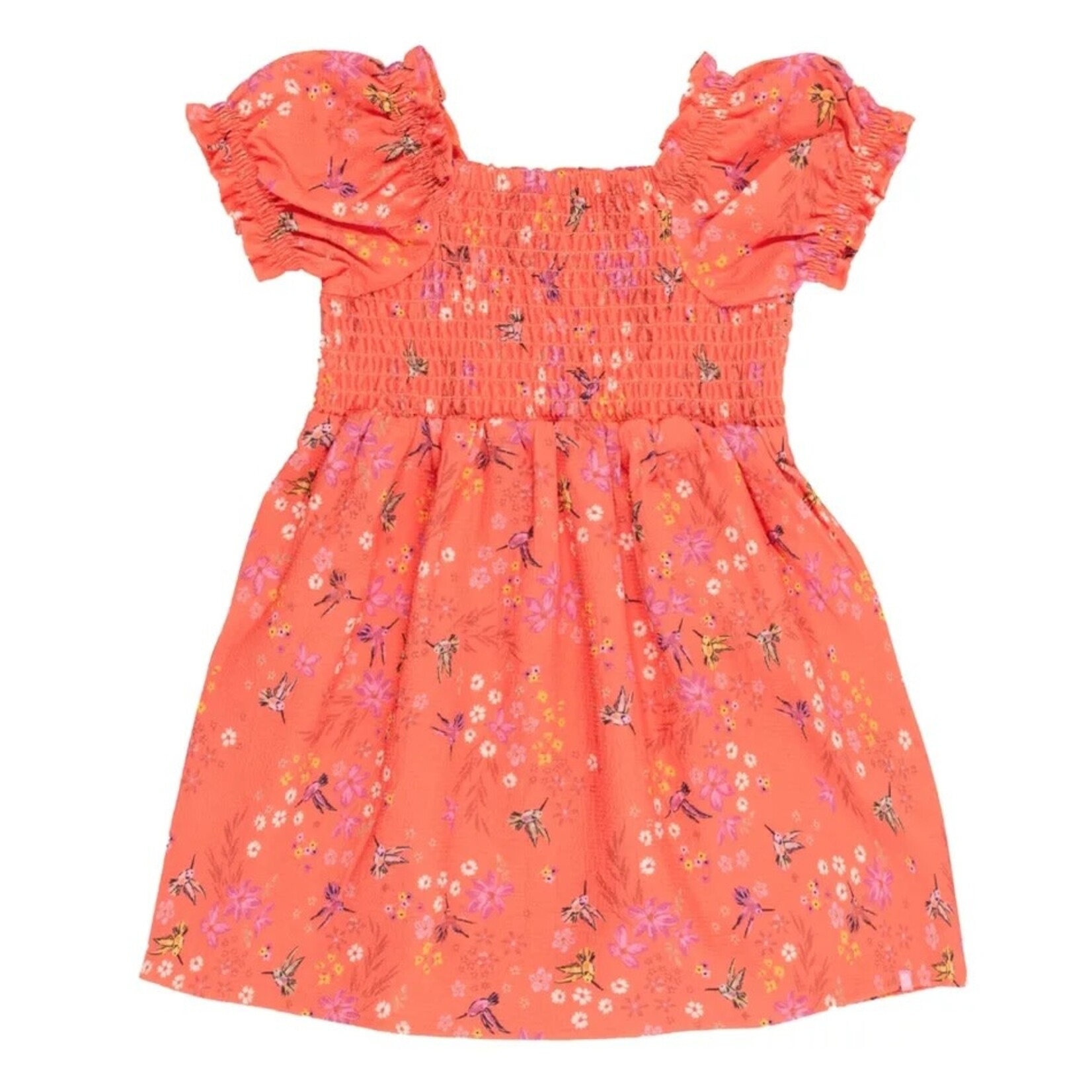 Nanö NANÖ - Short Coral Smocked Tunic-Dress with Hummingbird and Flower Pattern 'Joli colibri'