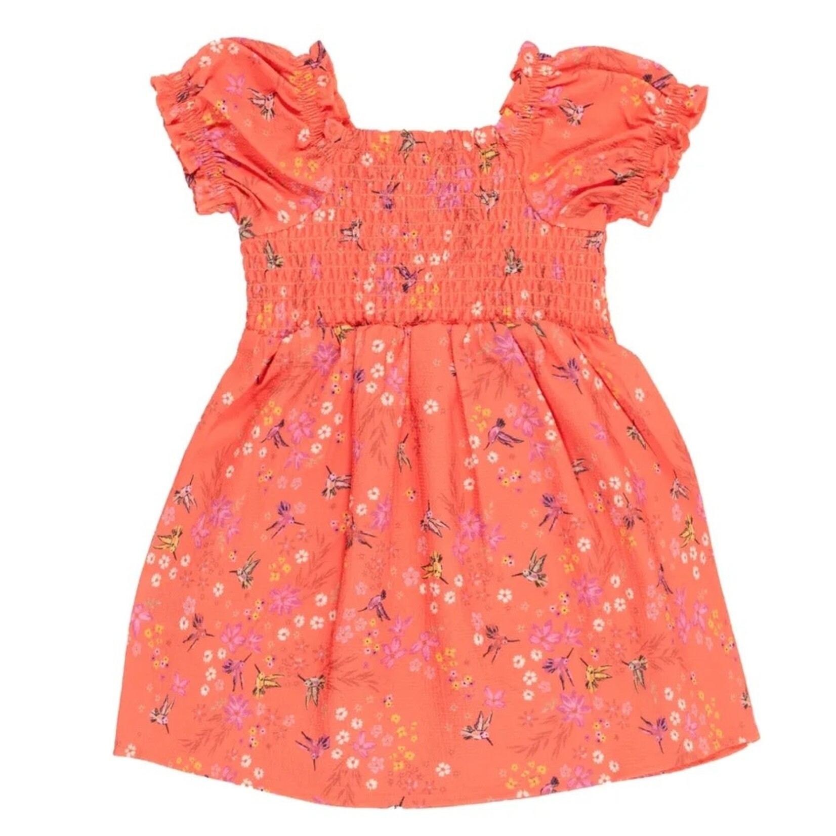 Nanö NANÖ - Short Coral Smocked Tunic-Dress with Hummingbird and Flower Pattern 'Joli colibri'
