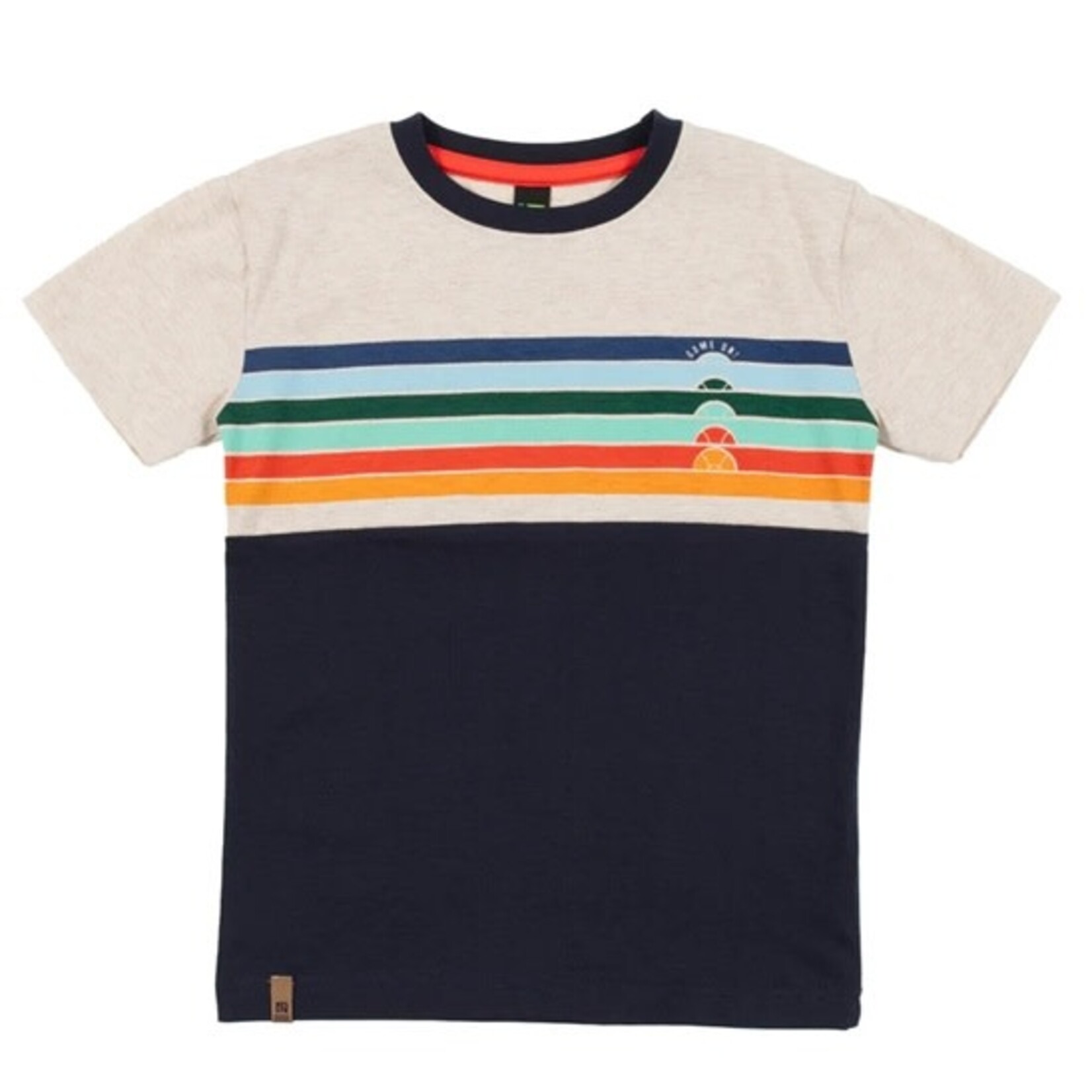 Nanö NANÖ - Heather beige and navy blue short sleeve t-shirt with colorful stripe print and basketballs 'Jour de match'