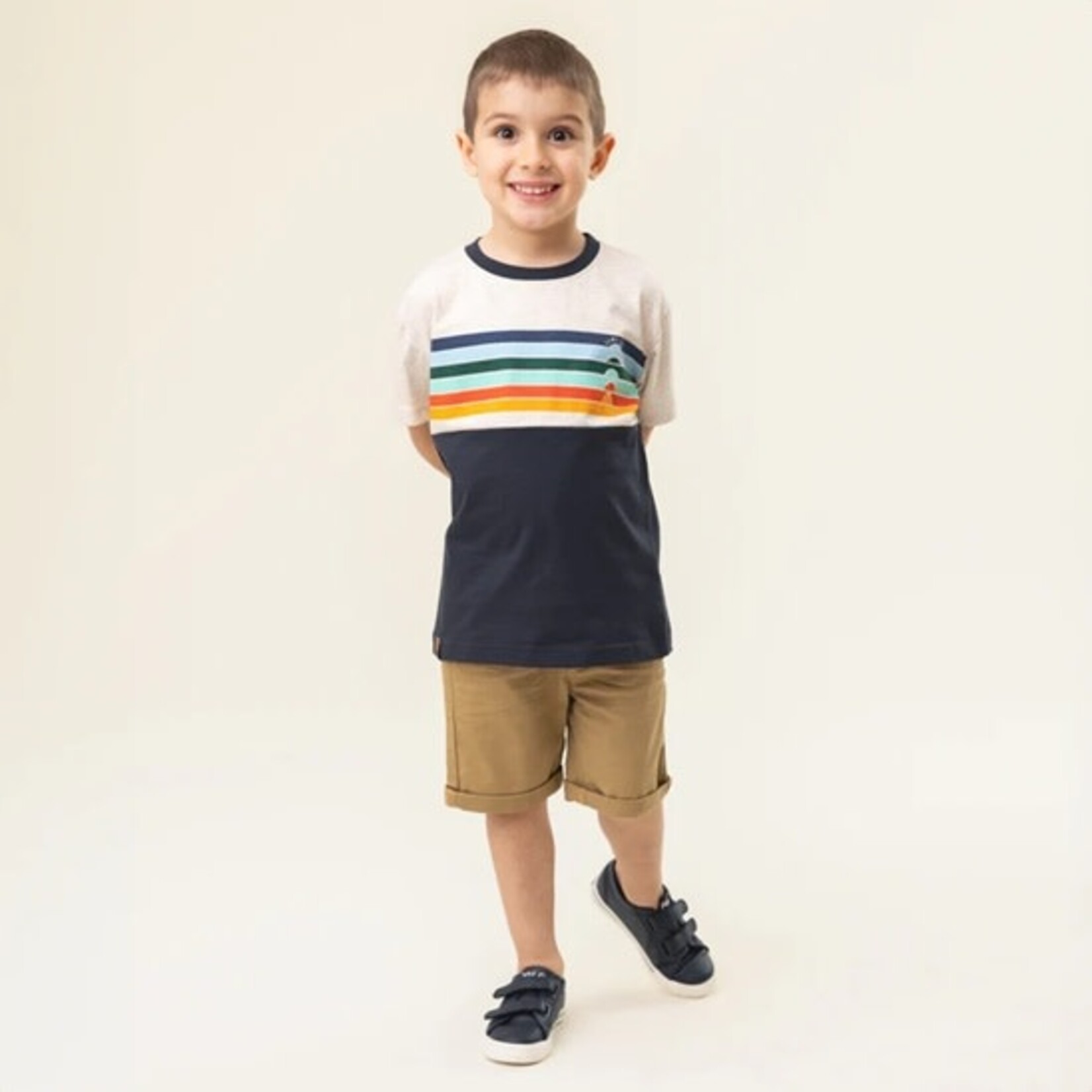 Nanö NANÖ - Heather beige and navy blue short sleeve t-shirt with colorful stripe print and basketballs 'Jour de match'