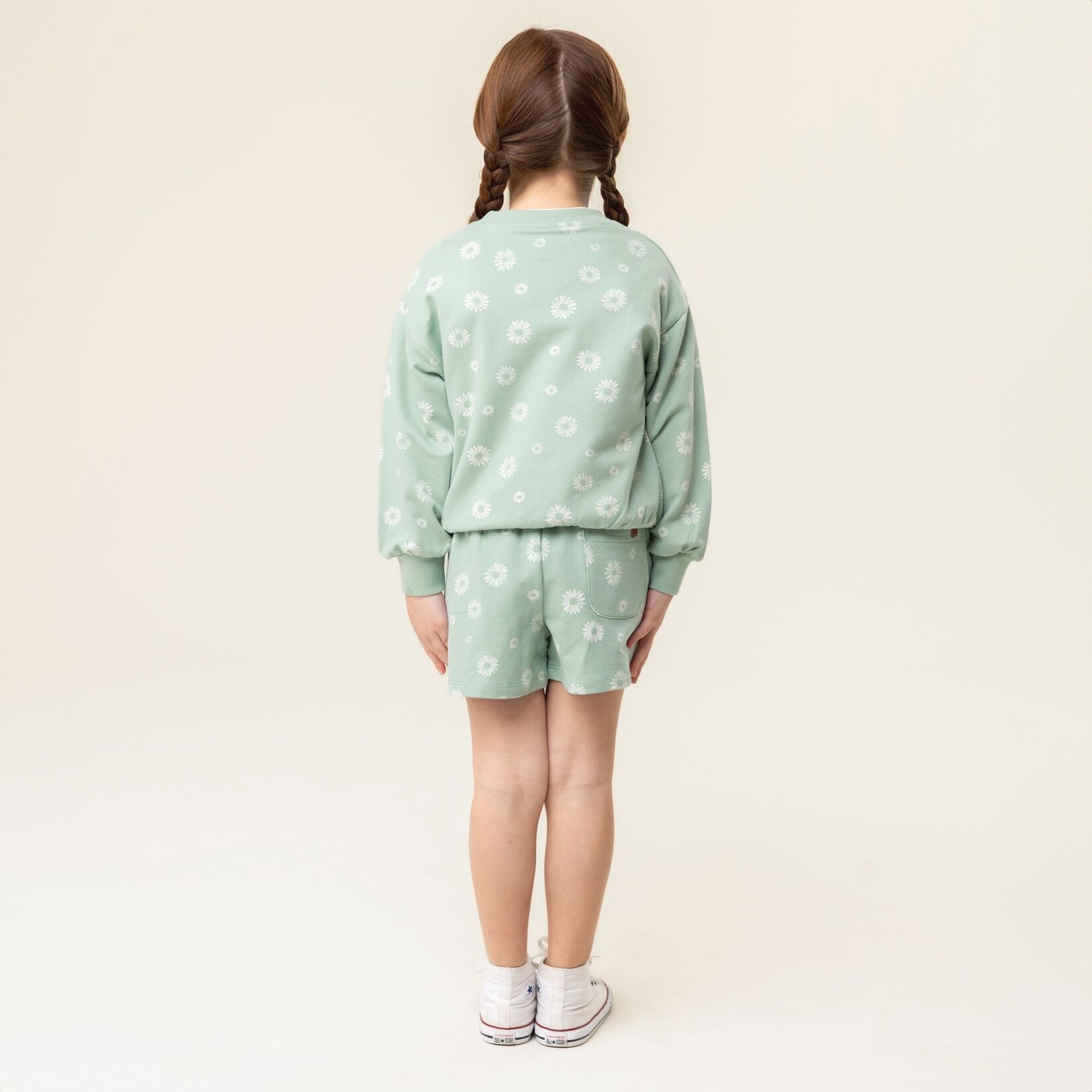 Nanö NANÖ - Chandail coton ouaté vert imprimé de fleurs blanches  'Douce coccinelle'