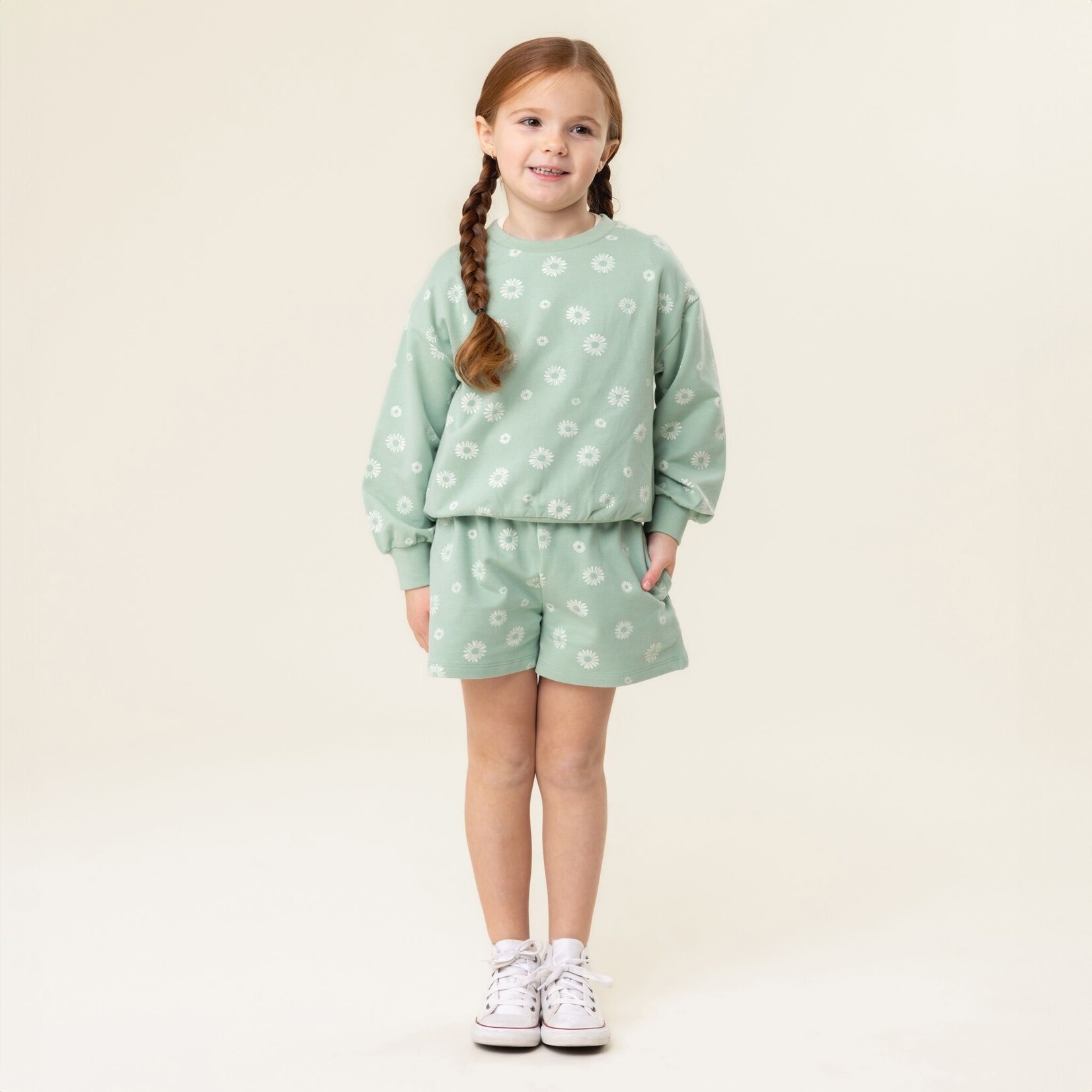Nanö NANÖ - Chandail coton ouaté vert imprimé de fleurs blanches  'Douce coccinelle'