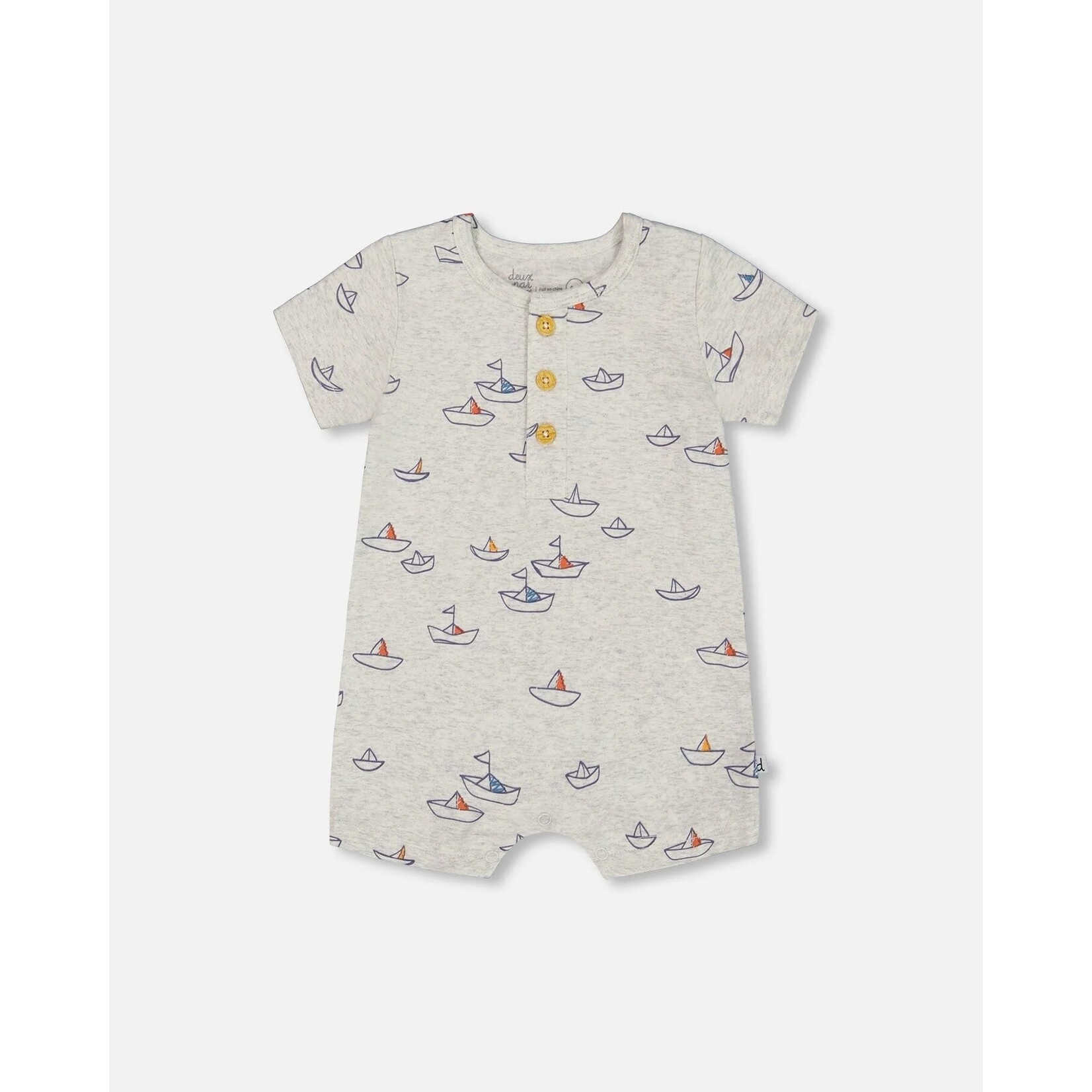 Deux par Deux DEUX PAR DEUX- Barboteuse en coton biologique grise avec motif de bateaux en papier