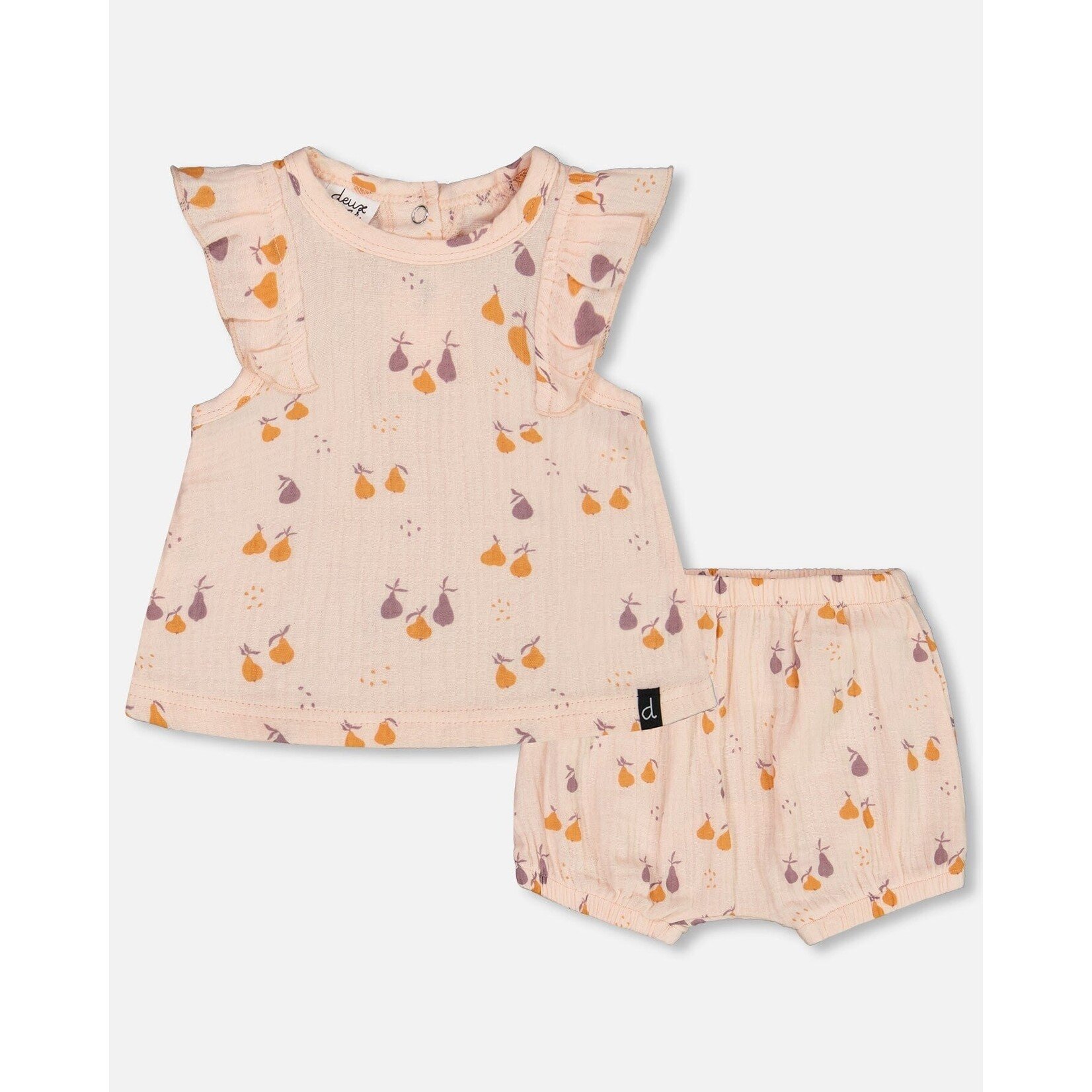 Deux par Deux DEUX PAR DEUX - Peach printed muslin top and bloomer set with pears print