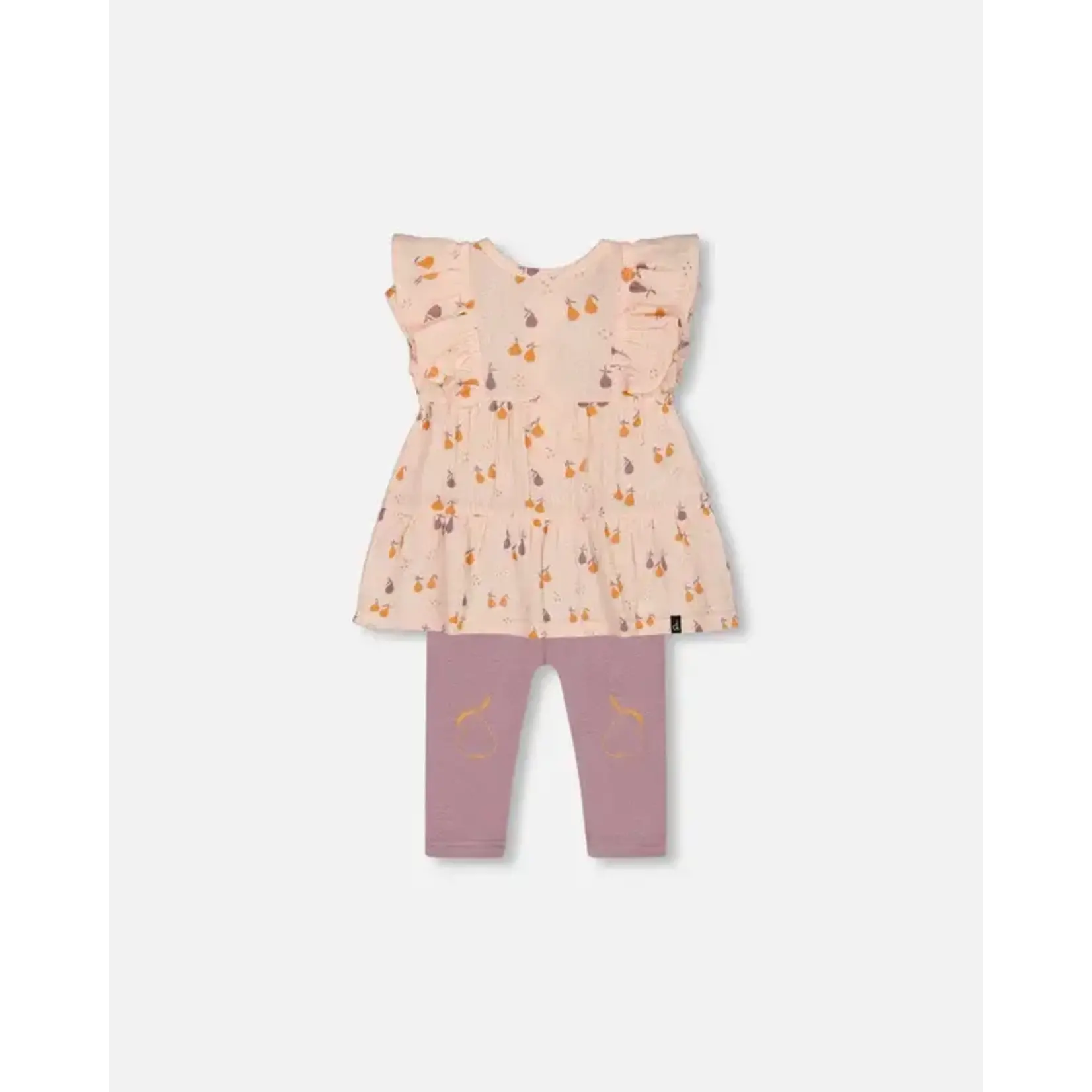 Deux par Deux DEUX PAR DEUX- Ensemble tunique en mousseline pêche imprimée de poires et legging mauve en coton biologique