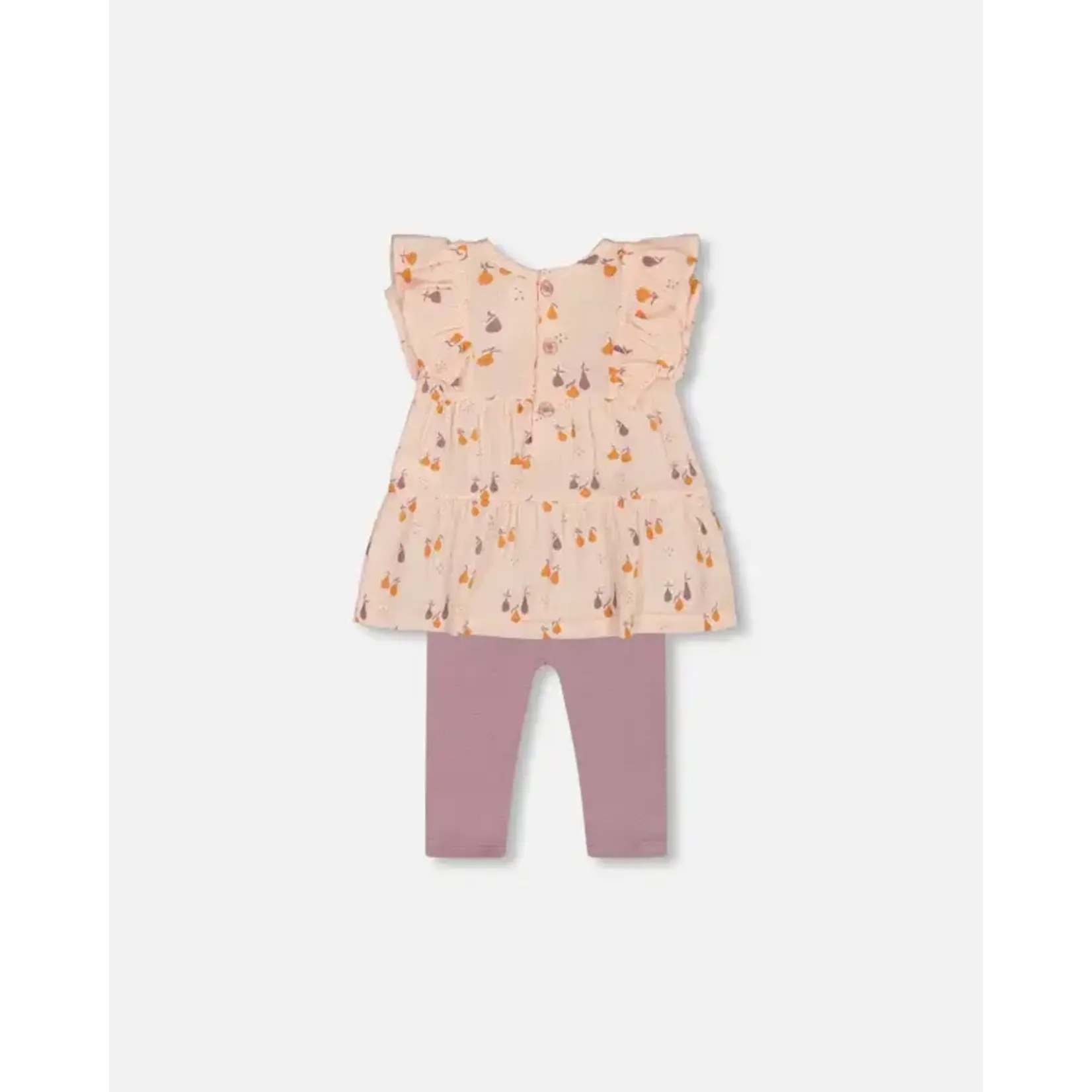 Deux par Deux DEUX PAR DEUX- Ensemble tunique en mousseline pêche imprimée de poires et legging mauve en coton biologique