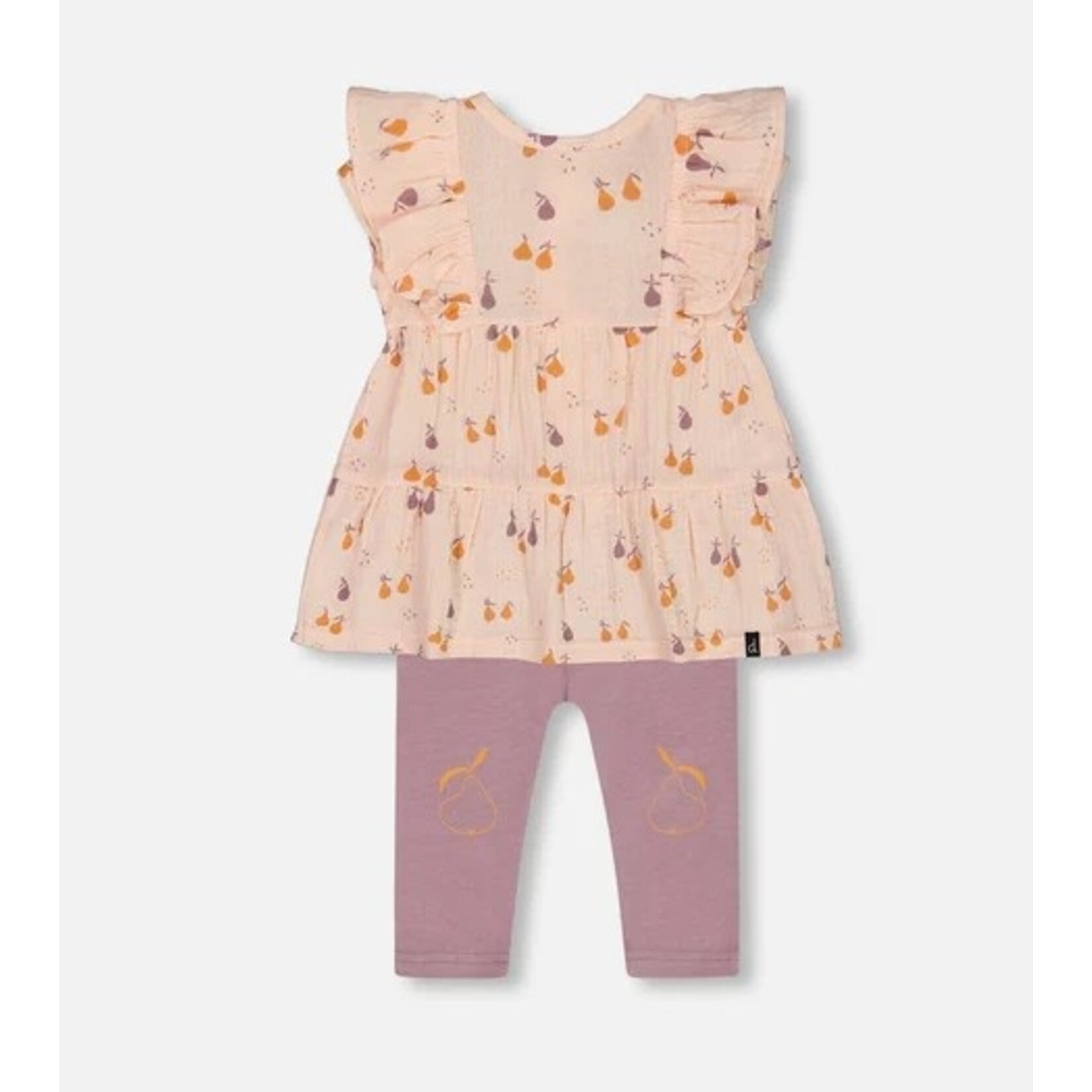 Deux par Deux DEUX PAR DEUX- Ensemble tunique en mousseline pêche imprimée de poires et legging mauve en coton biologique