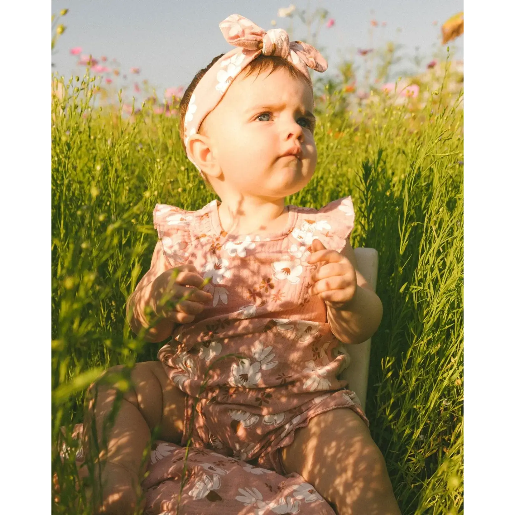 Deux par Deux DEUX PAR DEUX- Barboteuse en mousseline imprimée rose à fleurs blanches