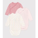 Petit Bateau PETIT BATEAU - Pack of 3 long sleeved bodysuits with wrap-over collar 'Little Hearts'