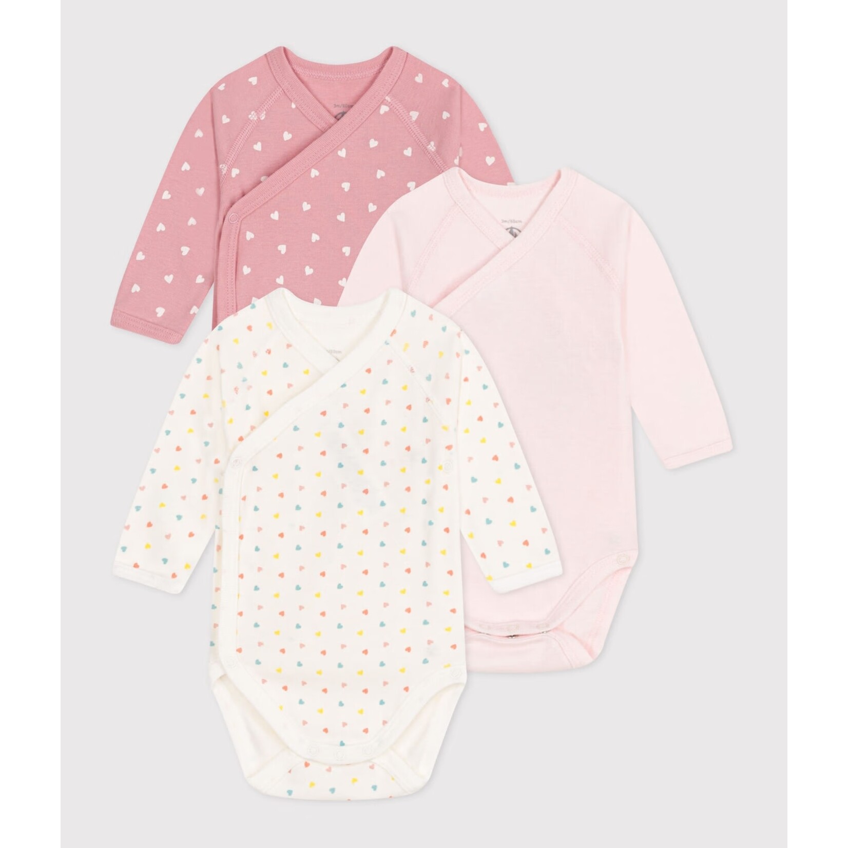 Petit Bateau PETIT BATEAU - Lot de 3 cache-couches manches longues à col cache-coeur 'Petits Coeurs'