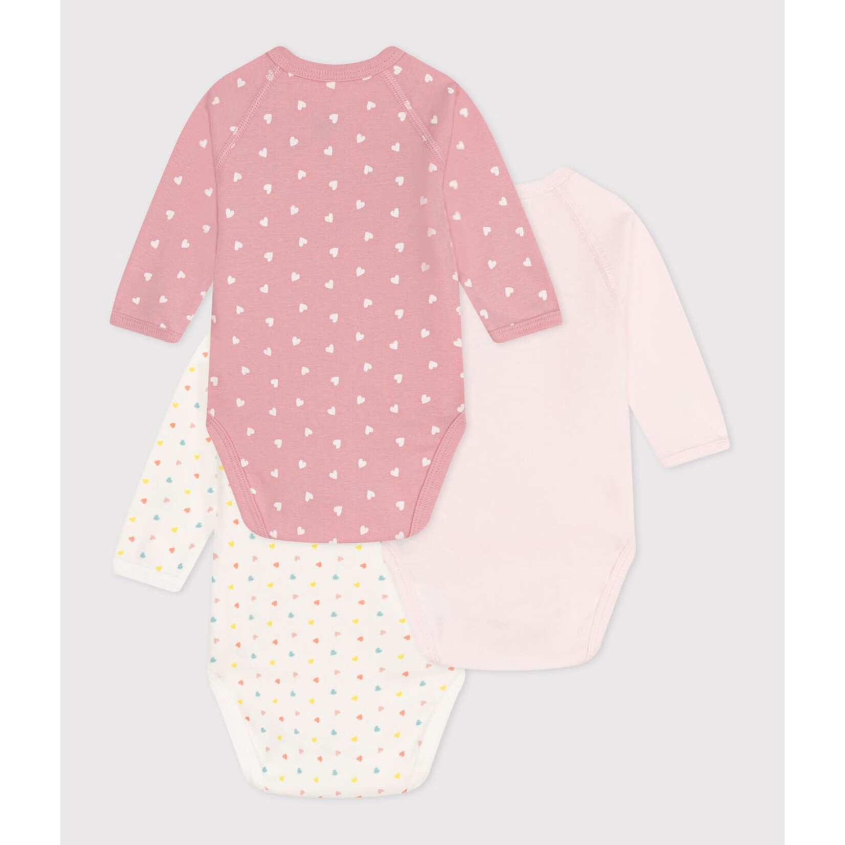 Petit Bateau PETIT BATEAU - Lot de 3 cache-couches manches longues à col cache-coeur 'Petits Coeurs'