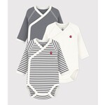 Petit Bateau PETIT BATEAU - Lot de 3 cache-couches manches longues à col cache-coeur 'Fines rayures marine/rayures marine avec logo/uni blanc avec logo'