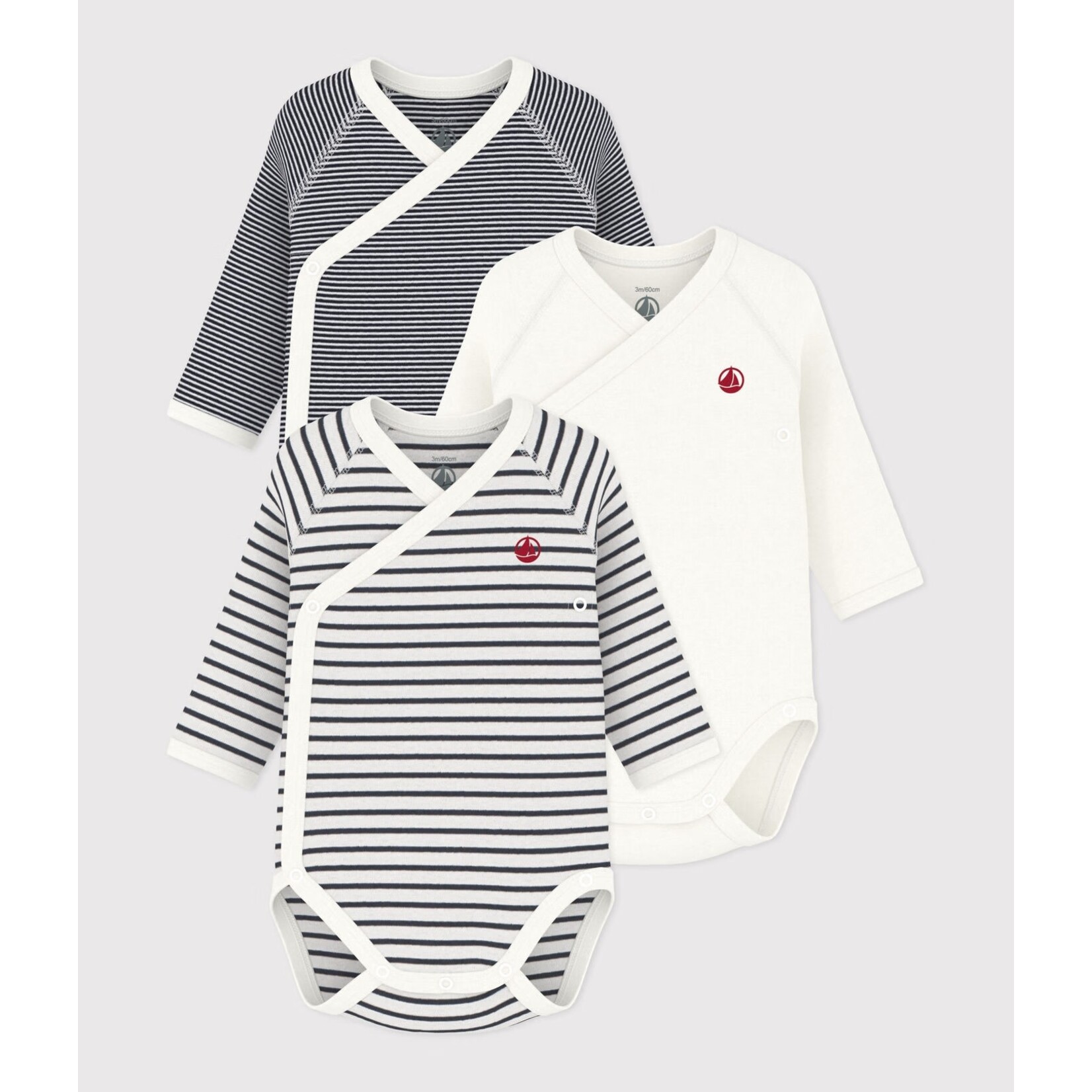 Petit Bateau PETIT BATEAU - Pack of 3 long sleeve bodysuits with wrap neck 'Fine navy stripes/navy stripes with logo/solid white with logo'