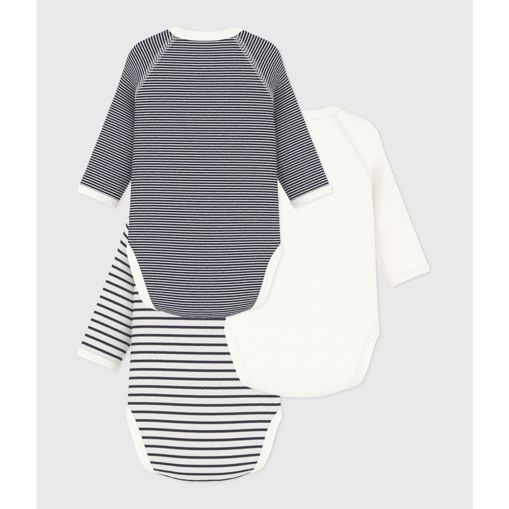 Petit Bateau PETIT BATEAU - Lot de 3 cache-couches manches longues à col cache-coeur 'Fines rayures marine/rayures marine avec logo/uni blanc avec logo'
