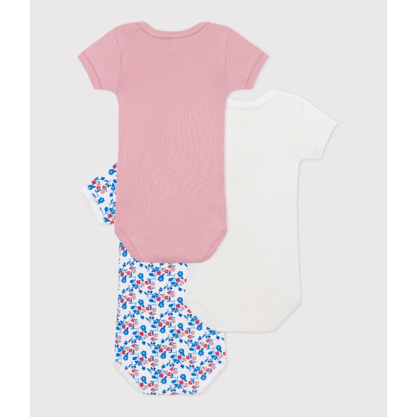 Petit Bateau PETIT BATEAU - Lot de 3 cache-couches manches courtes à col rond 'Rose poudre avec boucle/blanc avec petites fleurs/blanc avec motif intégral de fleurs colorées'